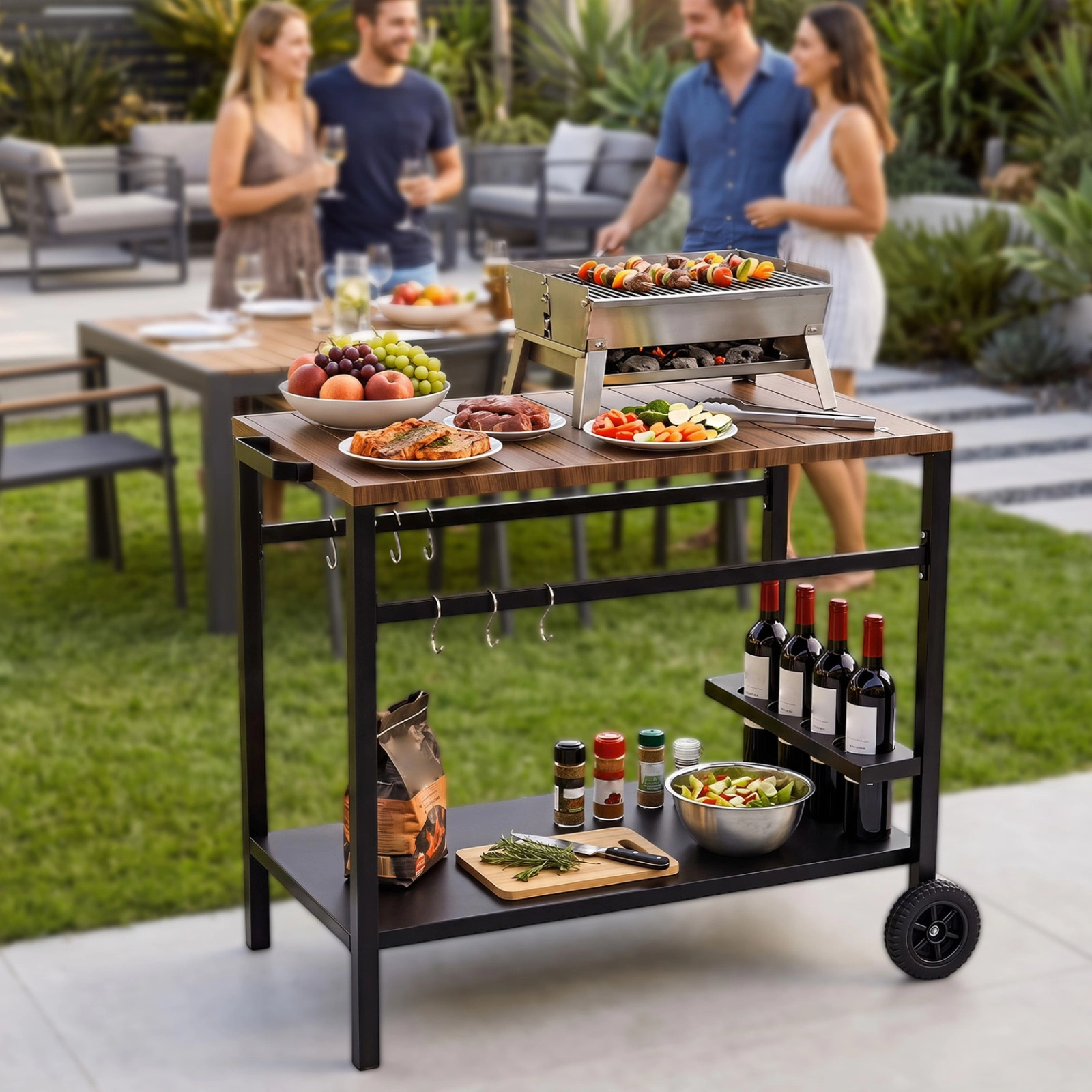 SUGIFT Outdoor Rolling Grill Cart with Spice Rack and Hooks BBQ Prep Table for Patio Garden Backyard