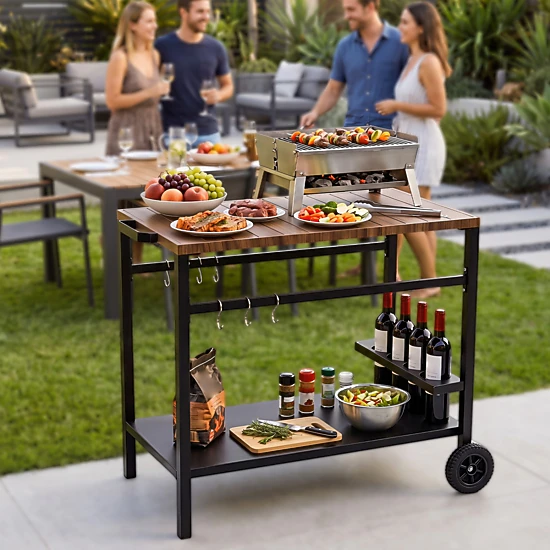 SUGIFT Outdoor Rolling Grill Cart with Spice Rack and Hooks BBQ Prep Table for Patio Garden Backyard
