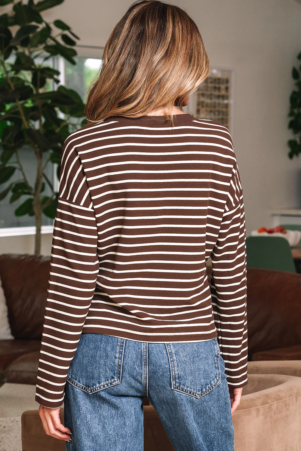 Threaded Pear Women's Ember Stripe Ribbed Cropped Crew Neck Top