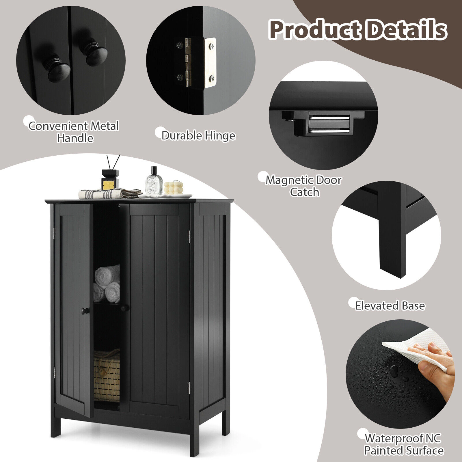 Glintex 2-Door Freestanding Bathroom Cabinet with Raised Base and Magnetic Catches