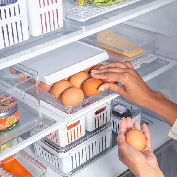 OU Egg Holder for Fridge, BPA Free Rolling Egg Organizer, Clear Stackable Refrigerator Storage Container for Kitchen