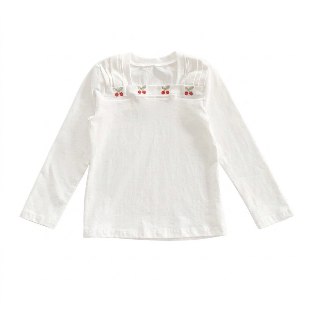 19076 Girls Autumn Square Neck Long Sleeve Top with Cherry Embroidery