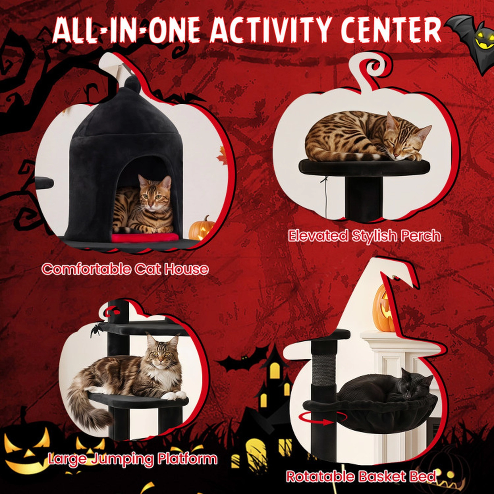 SUGIFT 50-in Gothic Cat Tree with Castle Condo Coffin Bed Rotating Basket Sisal Ramp and Anti-Tip Kit