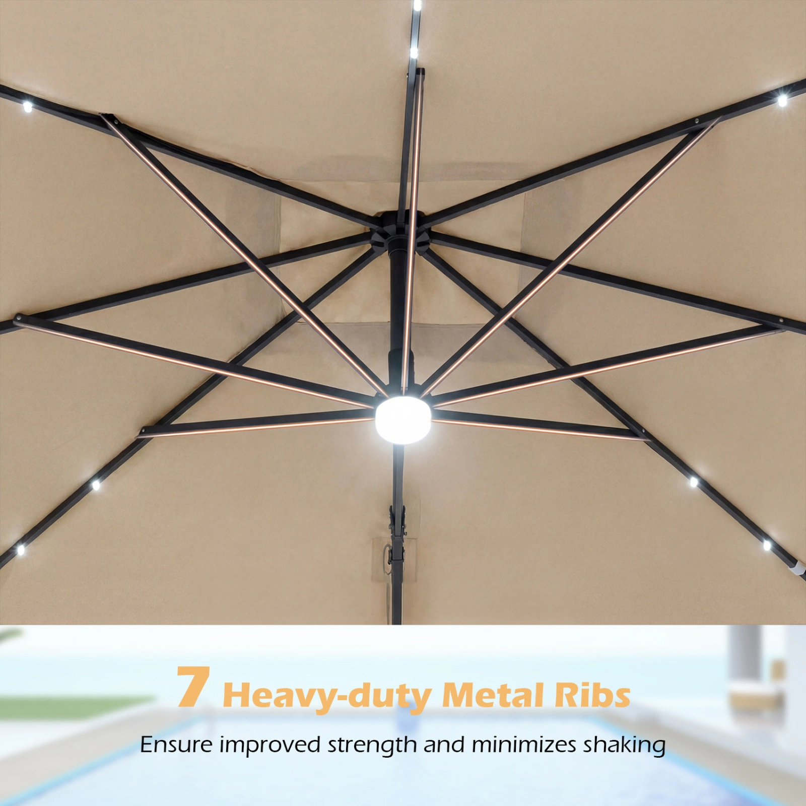 SUGIFT Solar LED Cantilever Patio Umbrella with Crank Lift 10-ft Canopy with 360-Degree Rotation and Tilt Beige