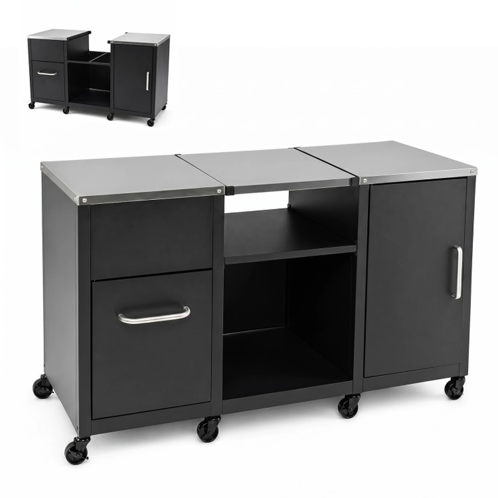 SUGIFT 880-lb Capacity 59-in Black Outdoor Grill Table with Stainless Top 3 Cabinets and 8 Wheels