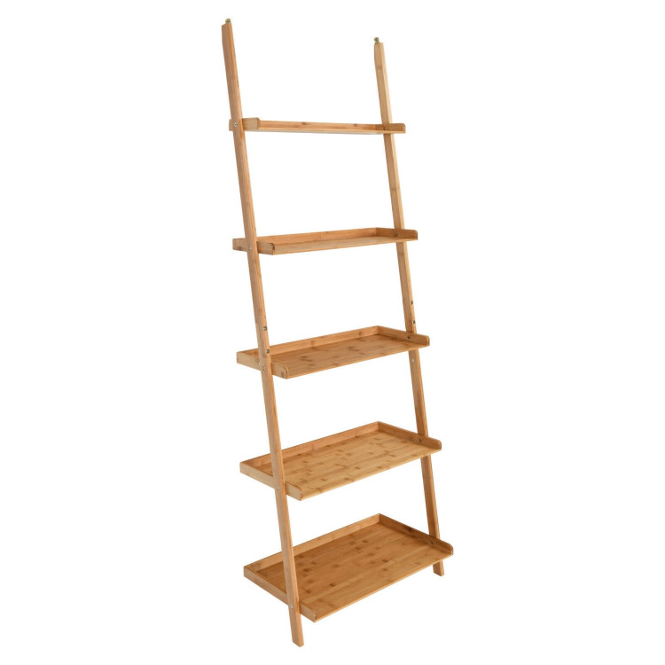 Hivvago 5-Tier Ladder Shelf Bamboo Bookshelf Wall-Leaning Storage Display Plant Stand