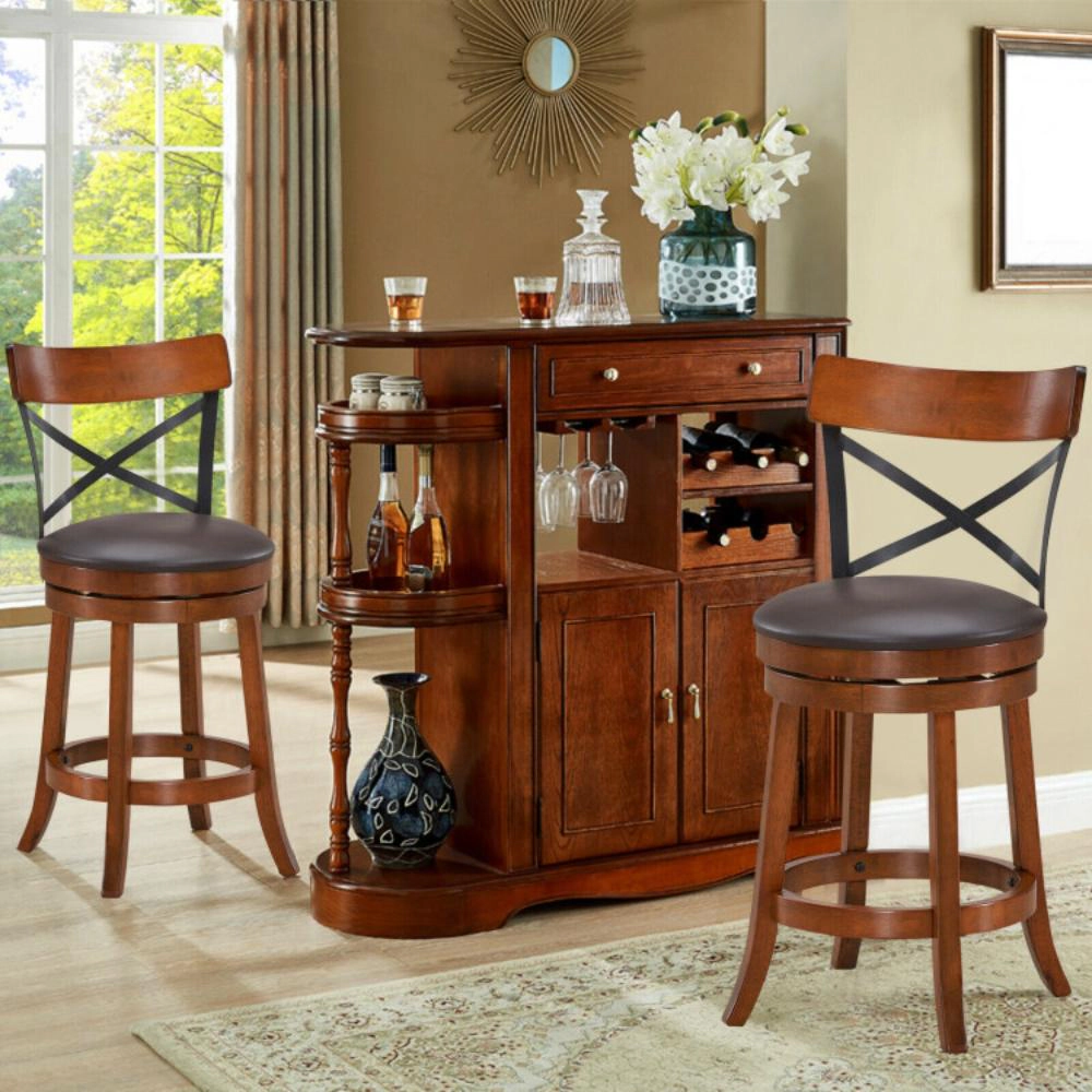 Hivvago Set of 2 Bar Stools 360-Degree Swivel Dining Bar Chairs with Rubber Wood Legs-25 inch
