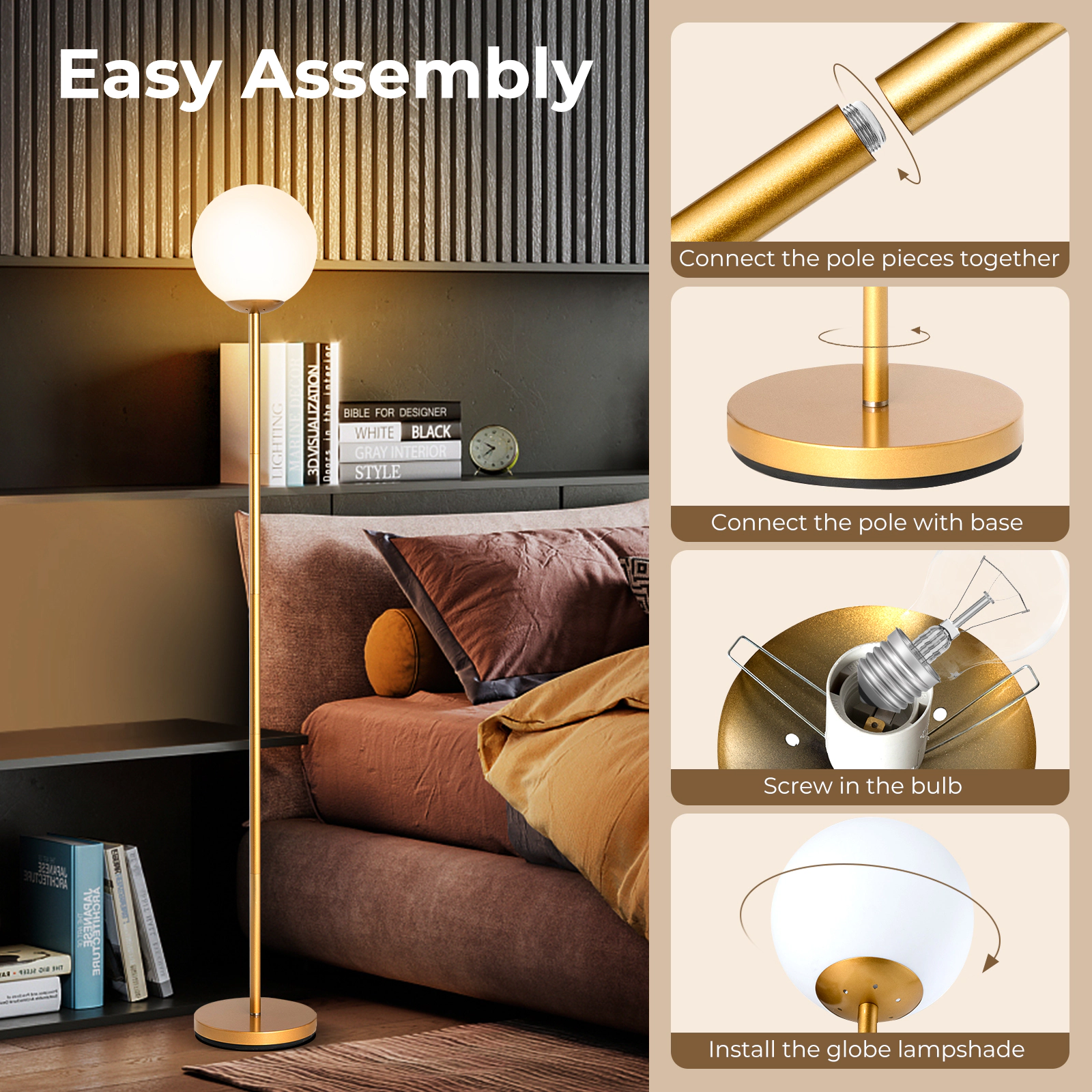 Slickblue Gold Standing Floor Lamp 65in Slim Steel Frame Glass Shade Reading Corner Light