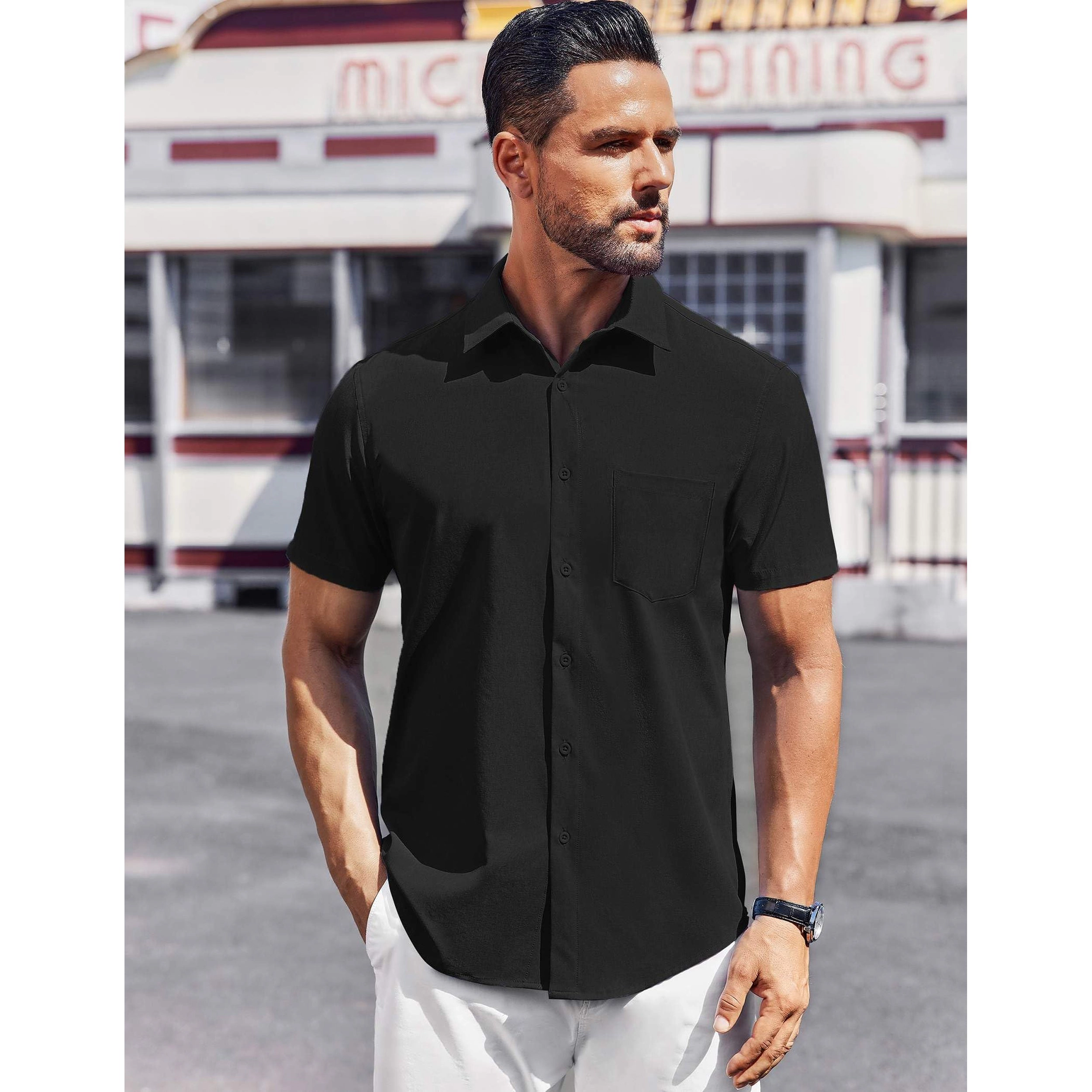 COOFANDY Mens Short Sleeve Button Down Shirt Classic Collar Chest Pocket Casual Top