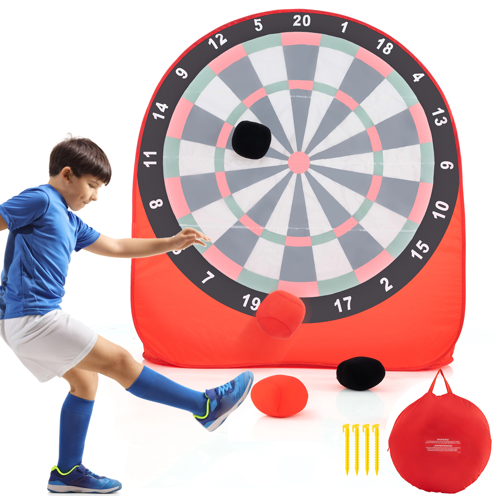 SUGIFT Foldable Large Dart Board Game for Kids with 4 Kick Spheres 64-in Tall Ages 6+ Multicolor Red