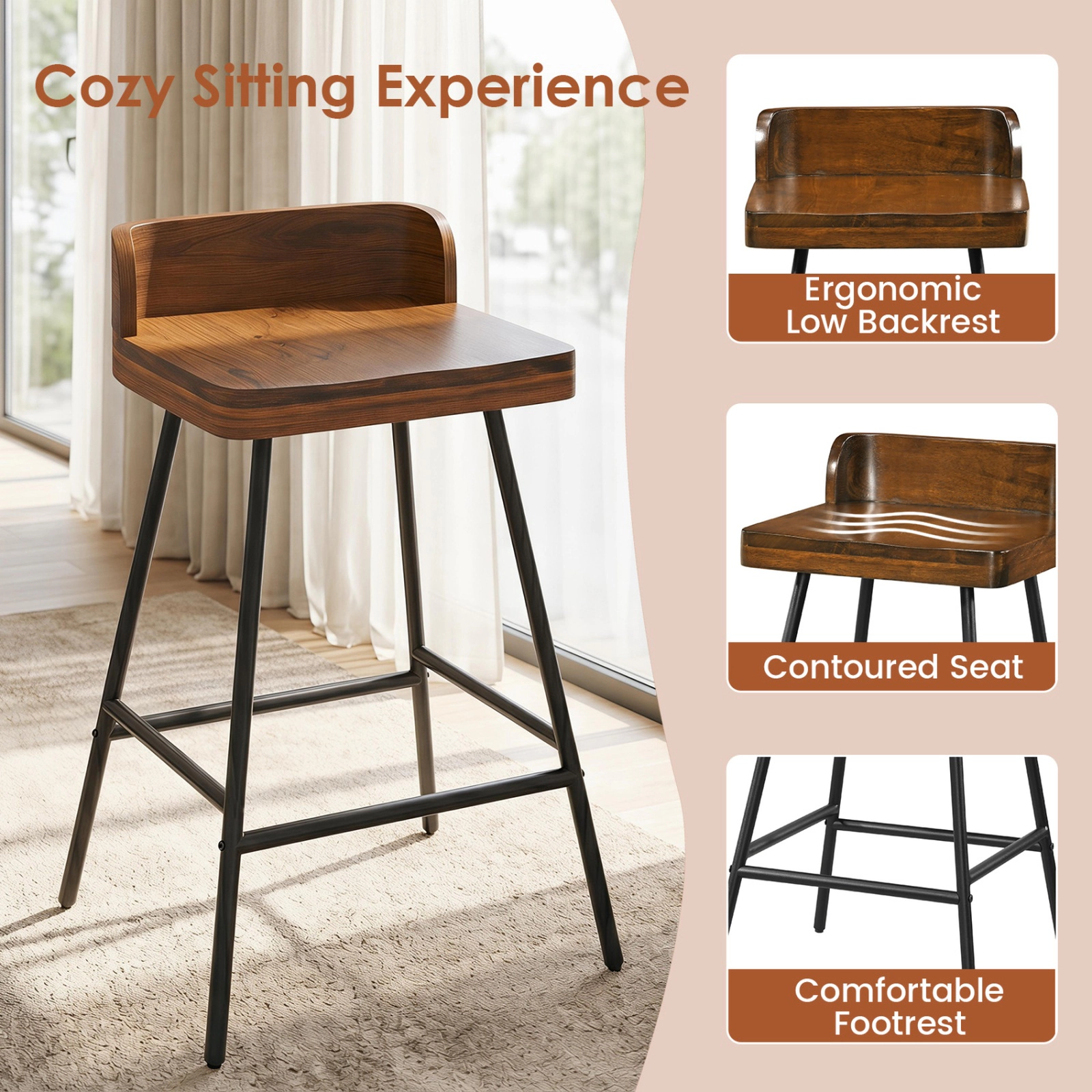 SUGIFT Low Back Metal Legs and Footrest Set of 2 Walnut Counter Height Bar Stools
