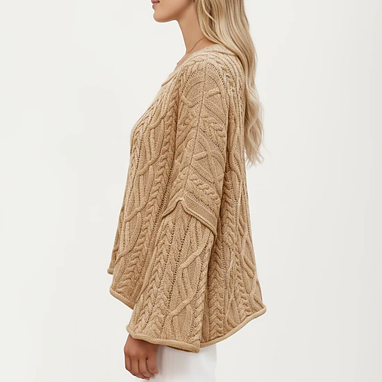 Anna-Kaci Women's Cable Knit Pullover Sweater with Relaxed Fit and Wide Cuff Sleeves
