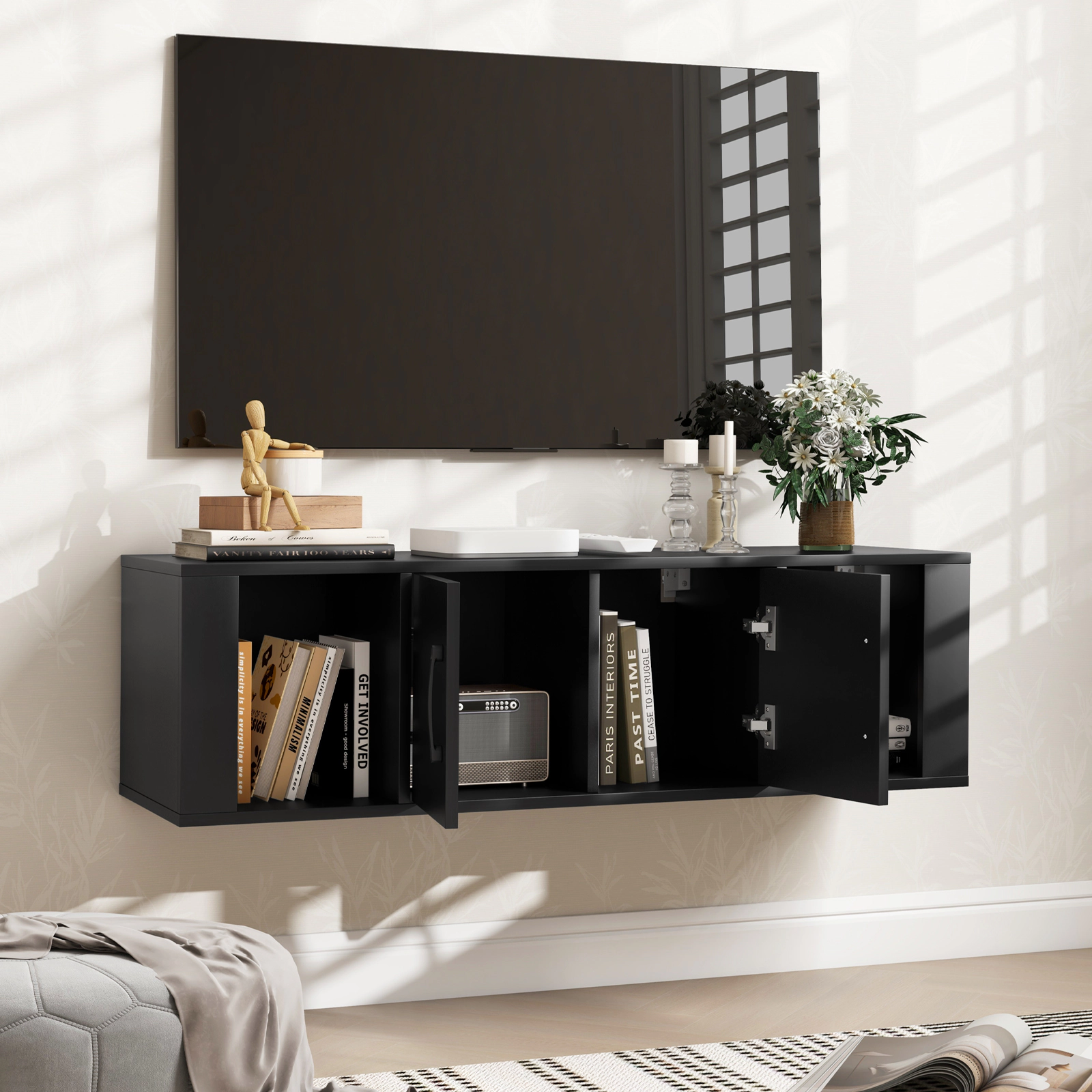 LJG Wall Mounted Floating 2 Door Desk Hutch Storage Shelves