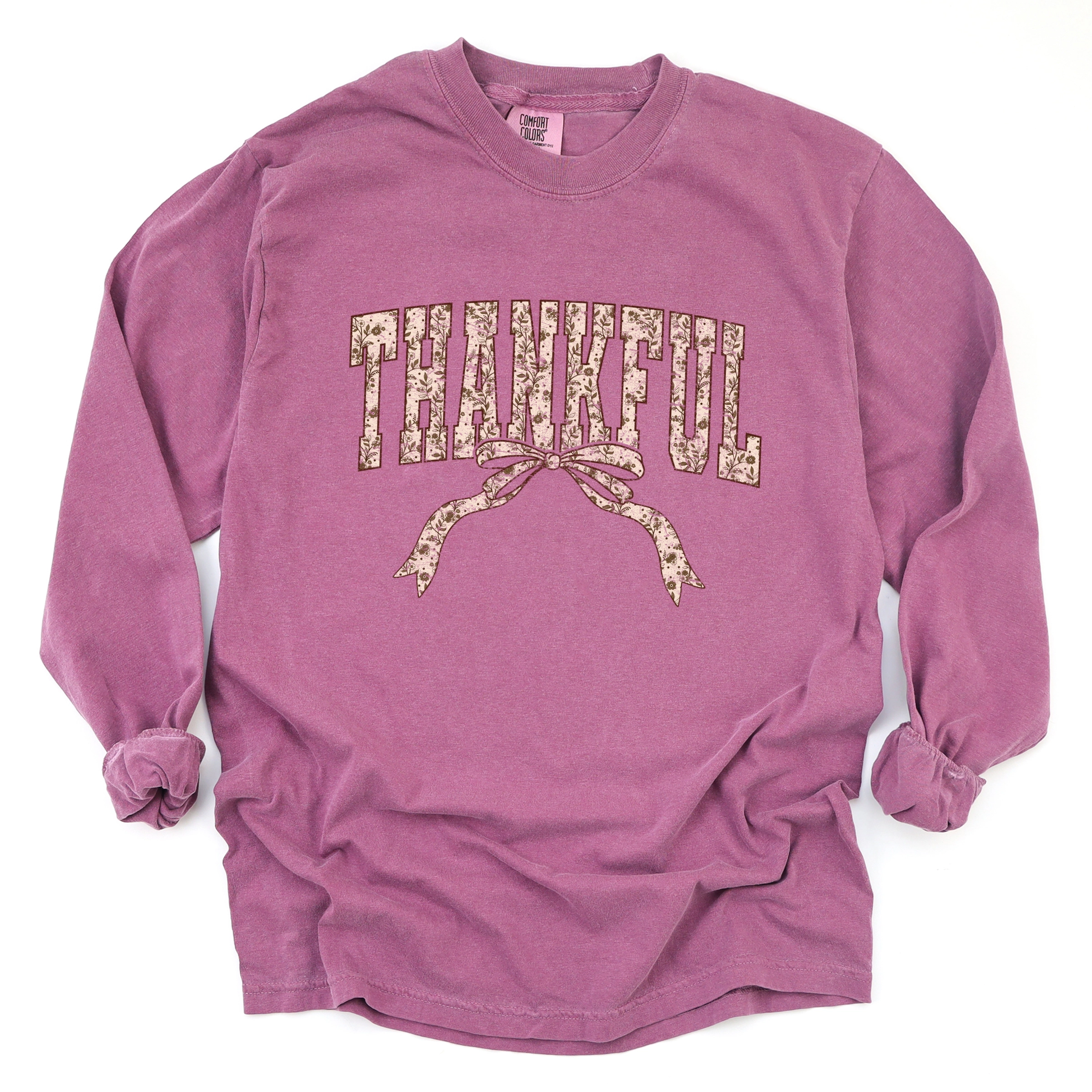 Simply Sage Market - Women's Garment Dyed Long Sleeve Graphic T-Shirt Thankful Floral Coquette
