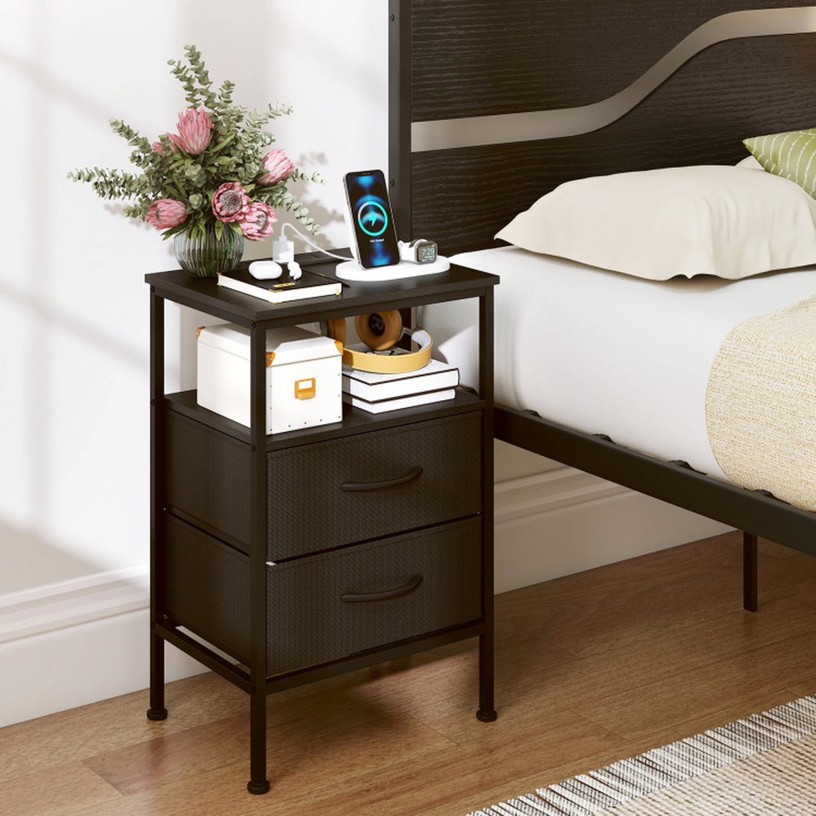 SUGIFT Charging Station 2 Fabric Drawers and Open Compartment 24.5 Inch Nightstand