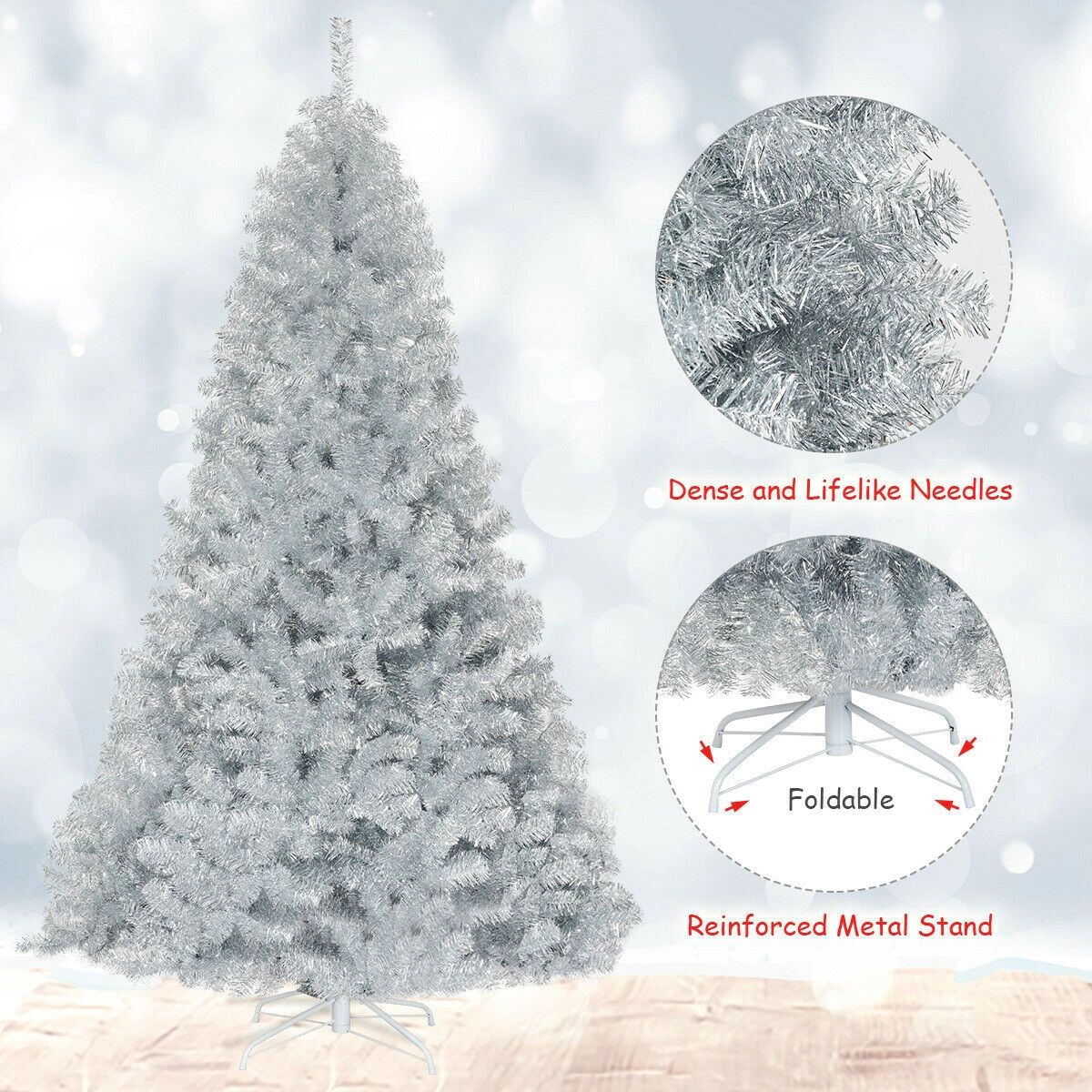 SlickBlue Shiny Silver Artificial Christmas Tree with Hinged Branches