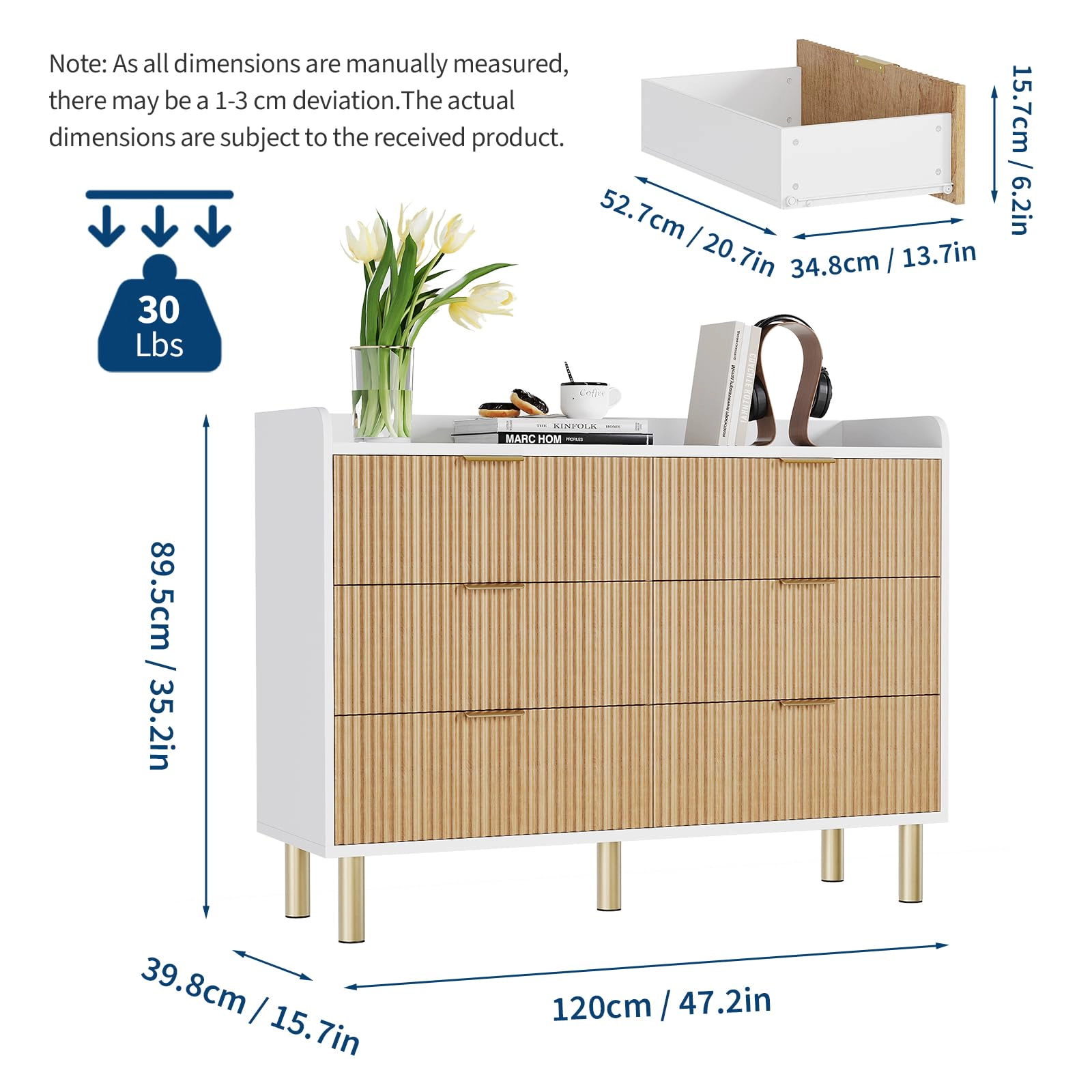 6 Drawer Fluted Wood Dresser, 47.2" Wide Storage Cabinet with Metal Handles for Bedroom