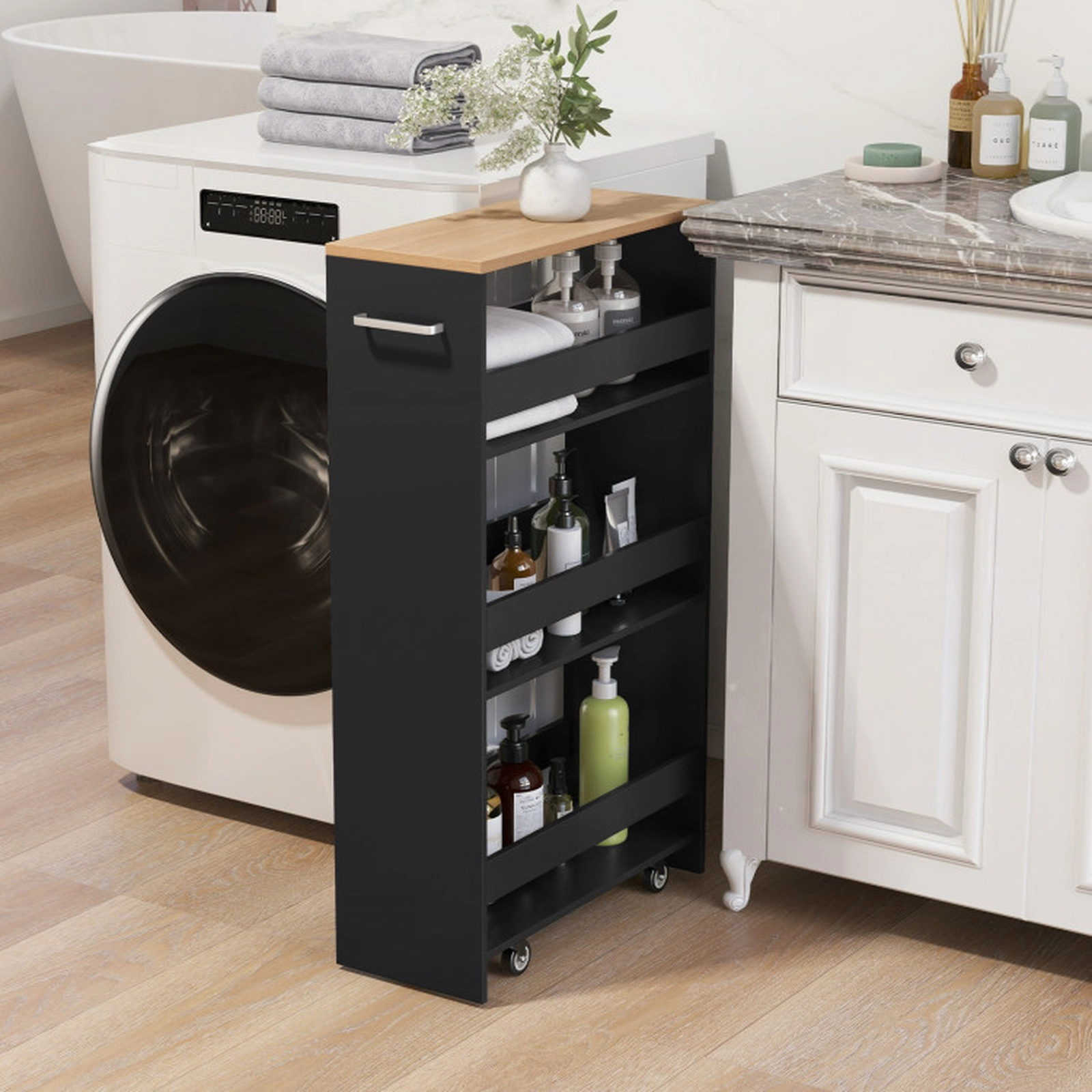 SUGIFT 4-Tier Rolling Slim Kitchen Storage Cart with Open Shelves and Handle 15-lb Upper Shelves 25-lb Bottom Shelf