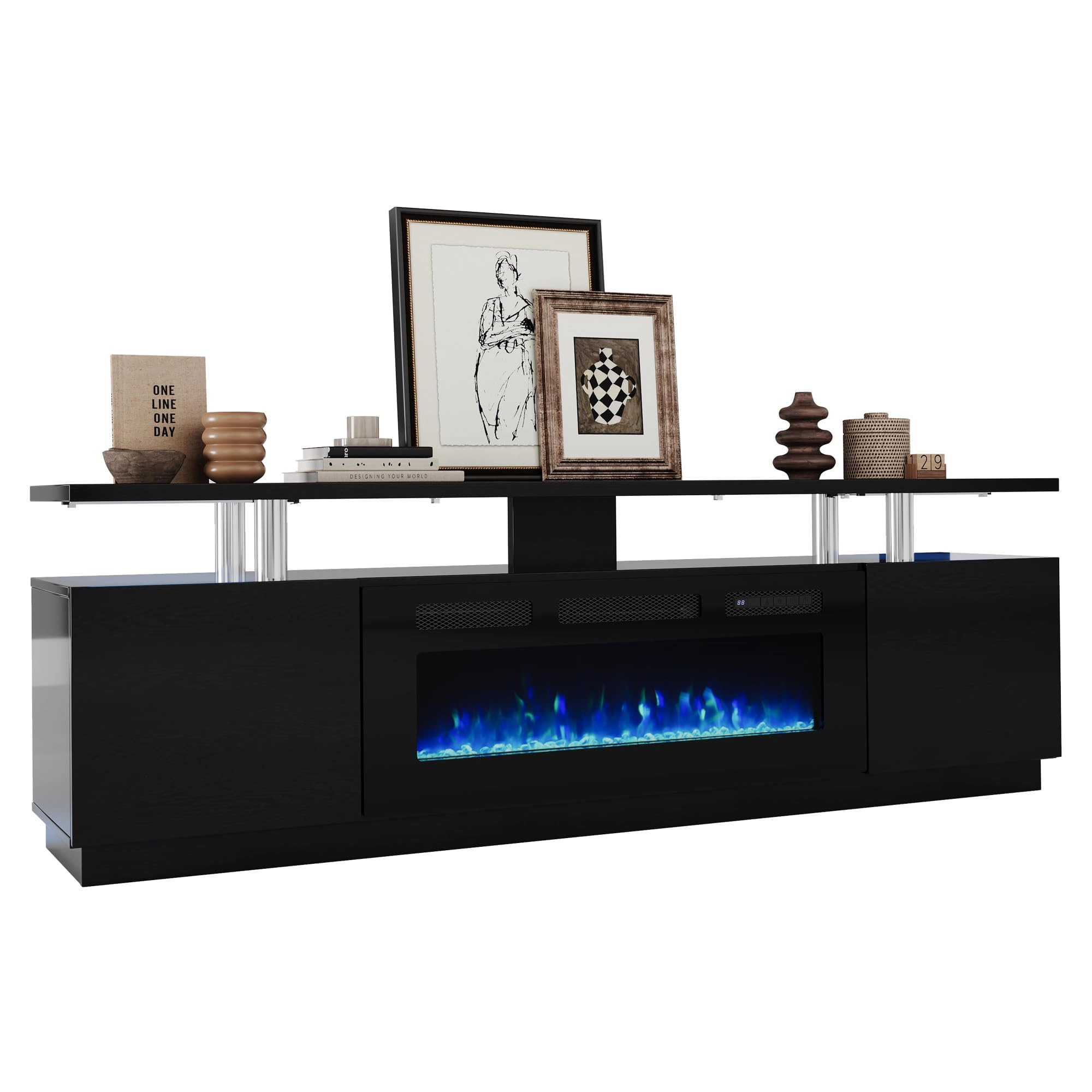 BebreezChic 70" Fireplace TV Stand with 36" Electric Fireplace, Entertainment Center with 12 Colors LED Lights