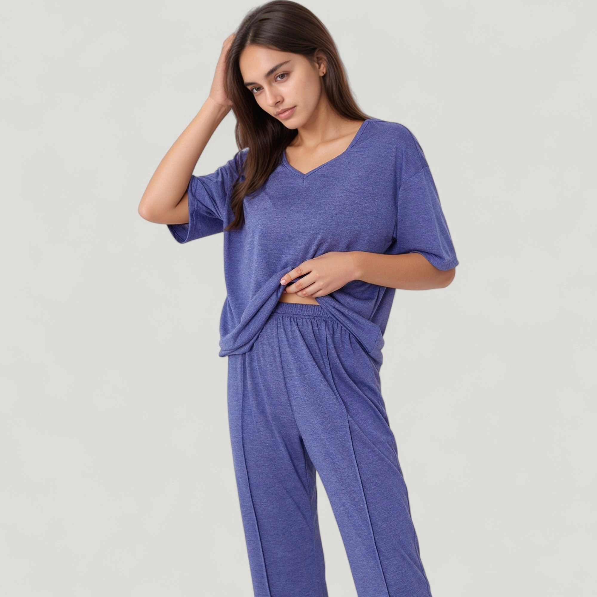 Anna-Kaci Women's Short Sleeve V-Neck Pajama Set with Relaxed Fit Knit Top and Wide Leg Lounge Pants
