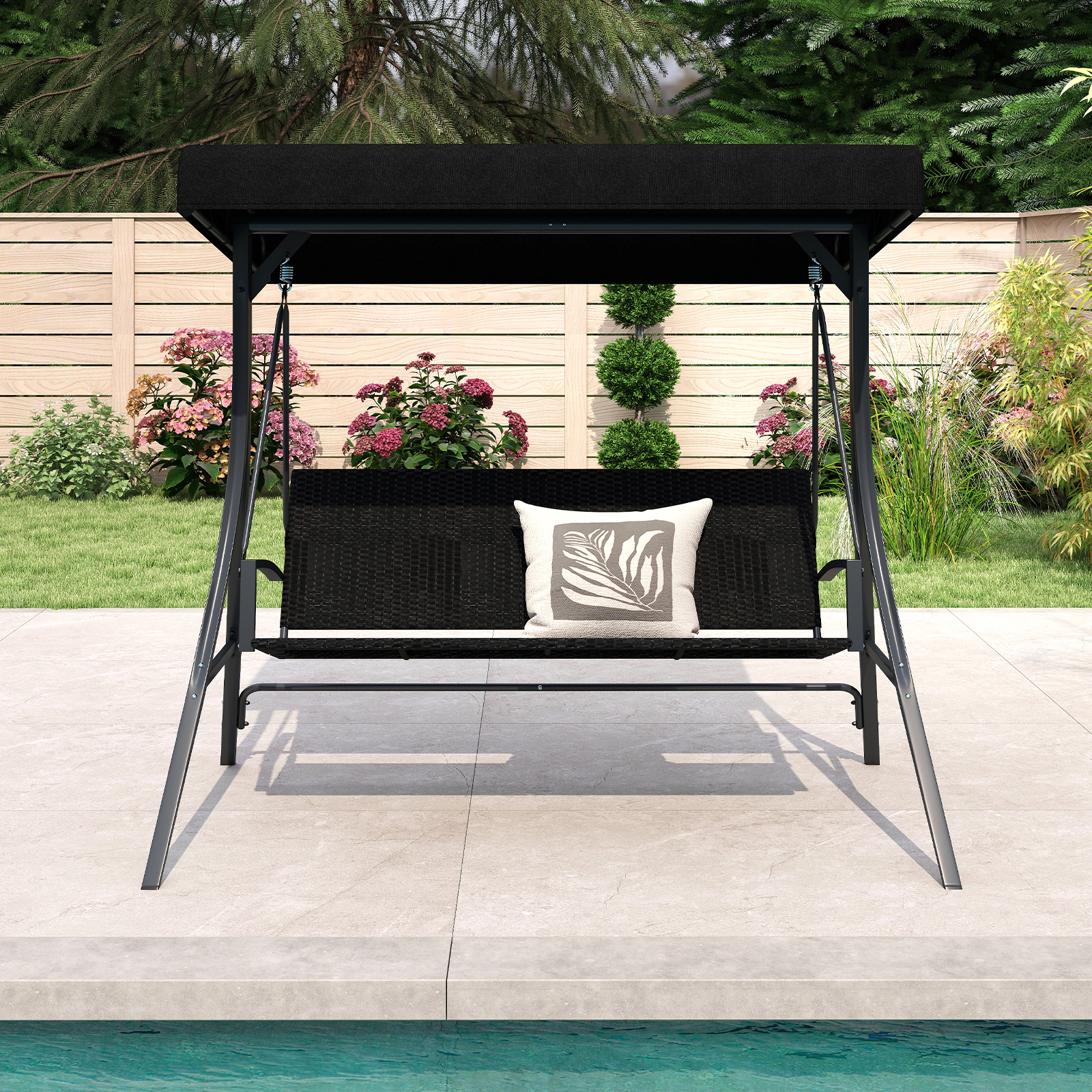 SUGIFT 3-Person Outdoor Porch Swing with Stand and Adjustable Canopy 1000-lb Capacity Rattan Seat Back Black