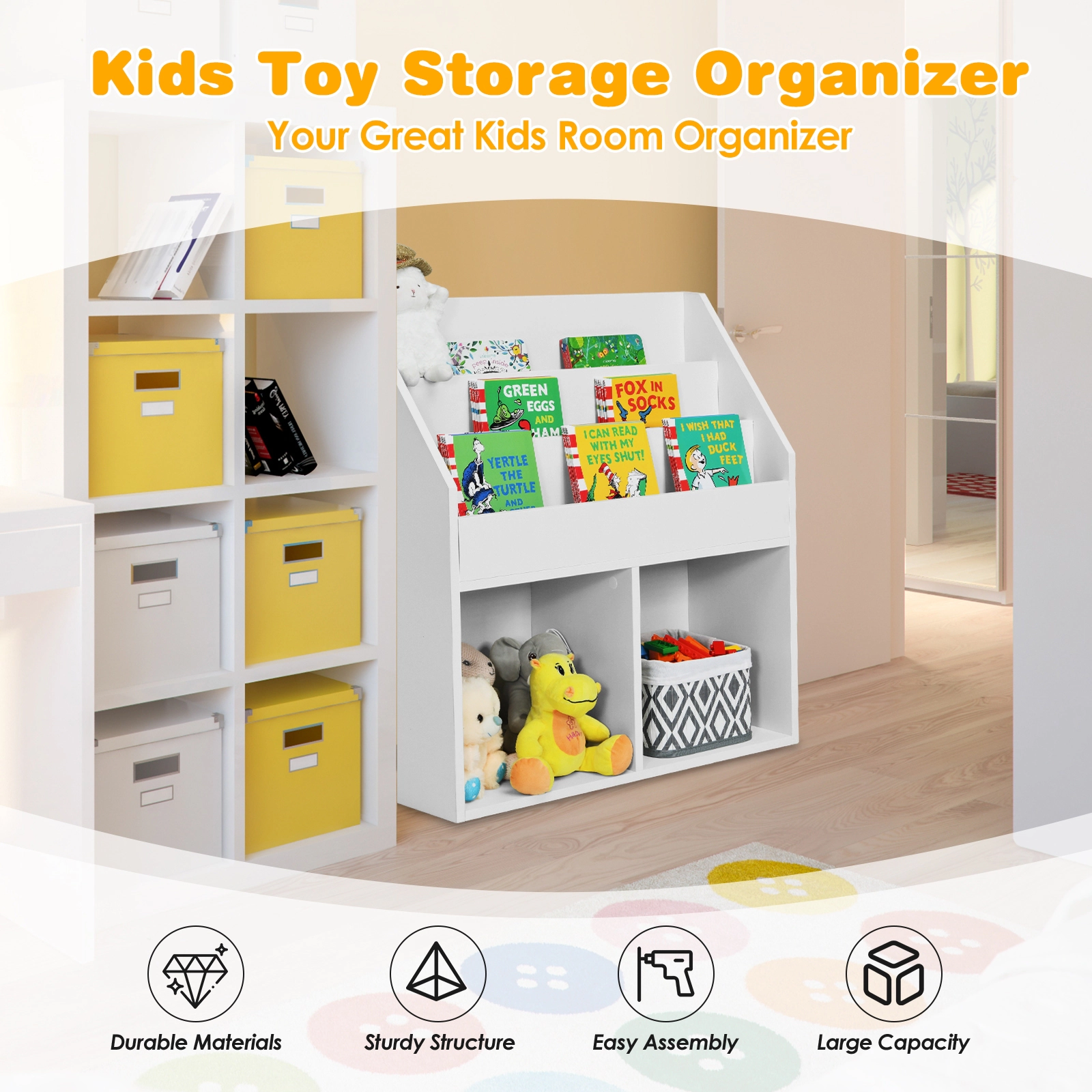 SUGIFT Kids Tiered Front-Facing Display Shelves Wooden Toy Storage Bookcase 29-in x 12-in x 32-in 33-lb Shelf White