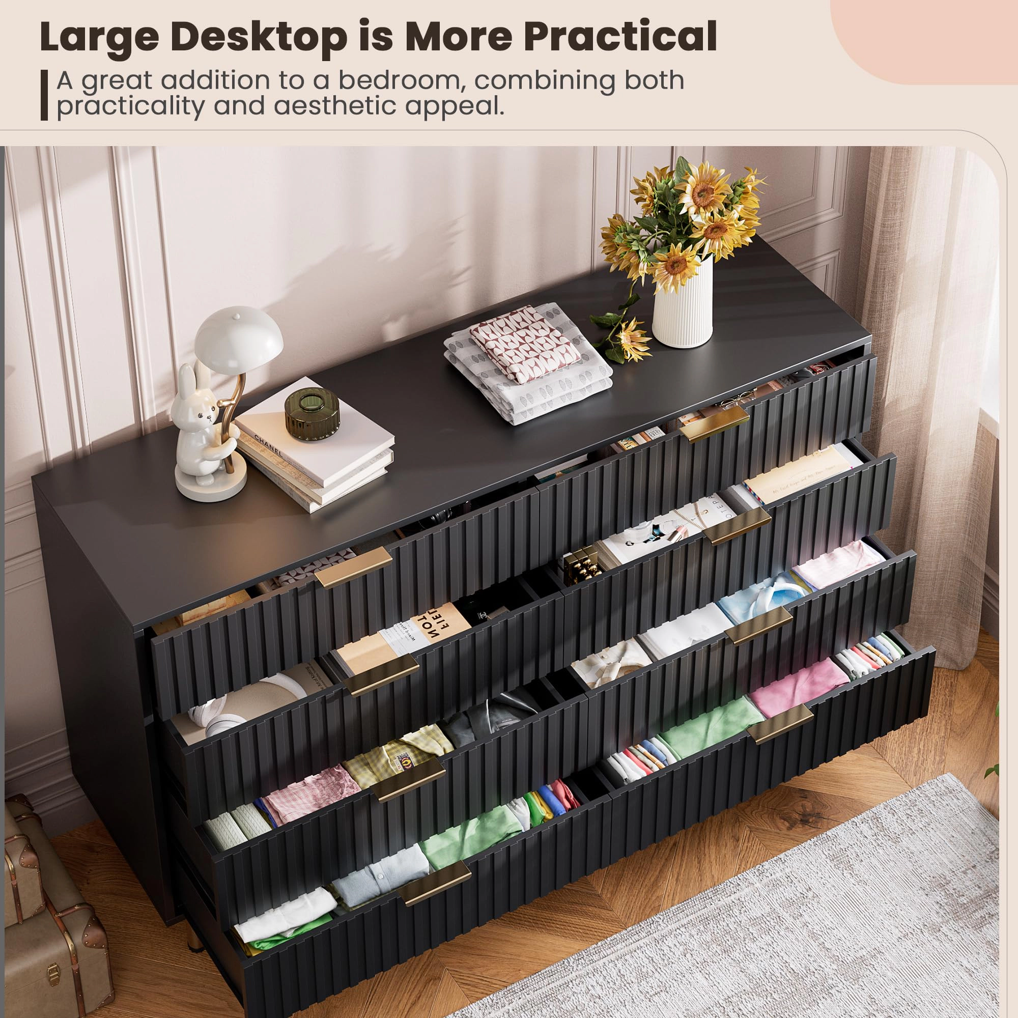 BebreezChic 8-Drawer Fluted Dresser for Bedroom, Wide Modern Chest of Drawers, Long Double Dresser