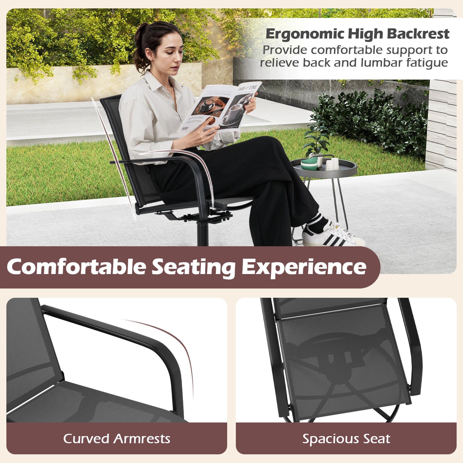 SUGIFT Outdoor 360° Swivel Rocking Chairs Set of 2 with High Back and Breathable Seat 330-lb Capacity 26-in Frame Black