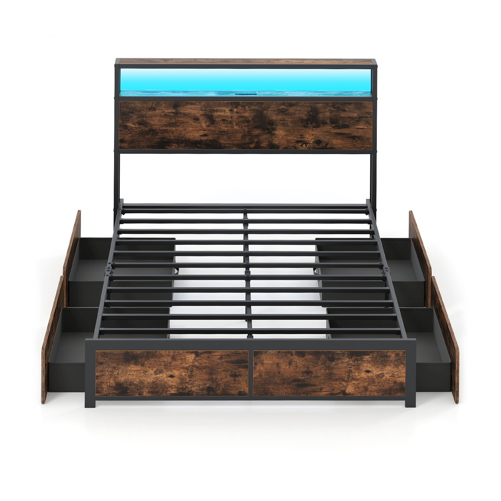 SUGIFT Full Size LED Bed Frame with Charging Station and 4 Storage Drawers 880-lb Capacity Rustic Brown + Black