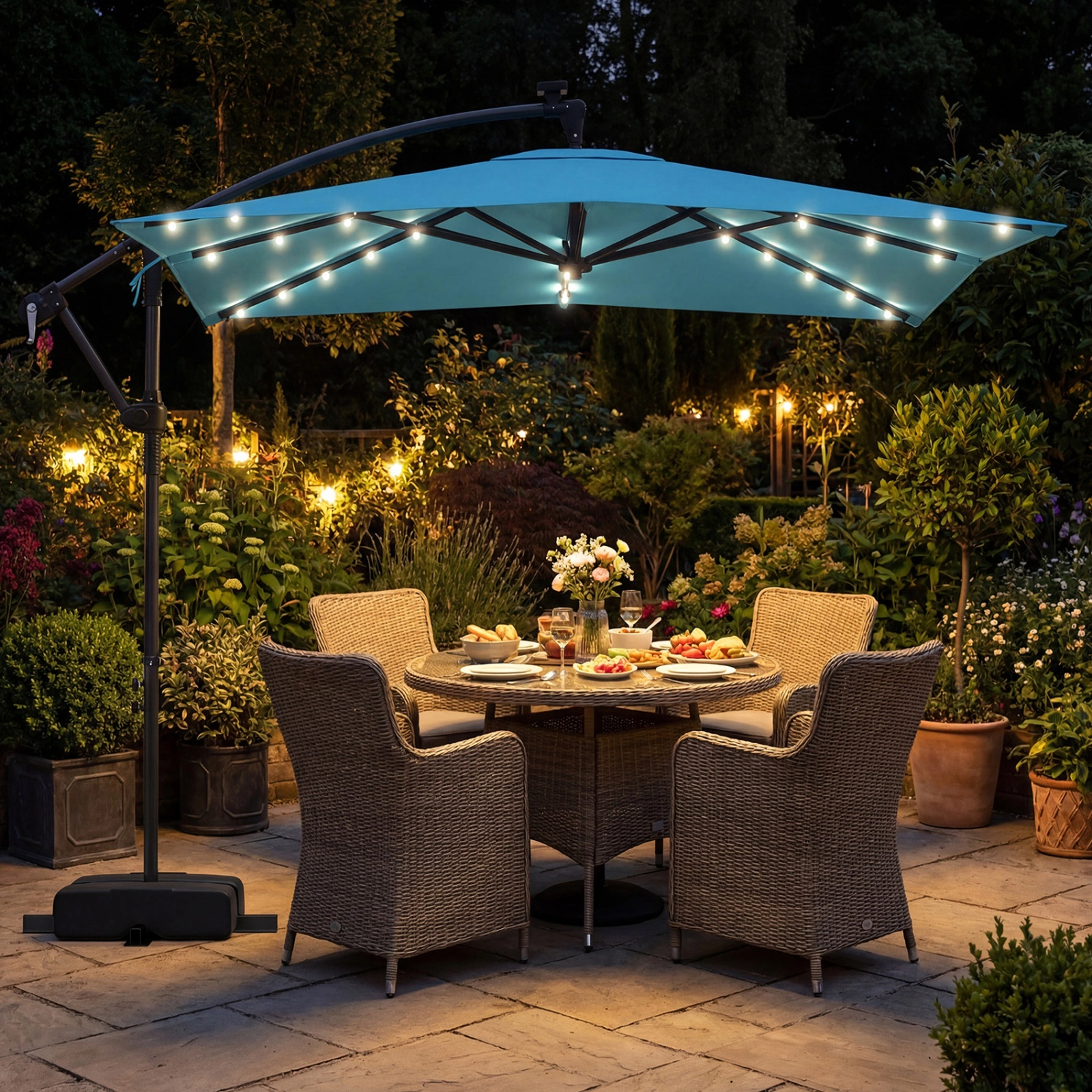 SUGIFT Solar-Powered LED Offset Cantilever Patio Umbrella 360° Rotation 8 x 8 in Canopy 116-lb Sandbag Base Turquoise