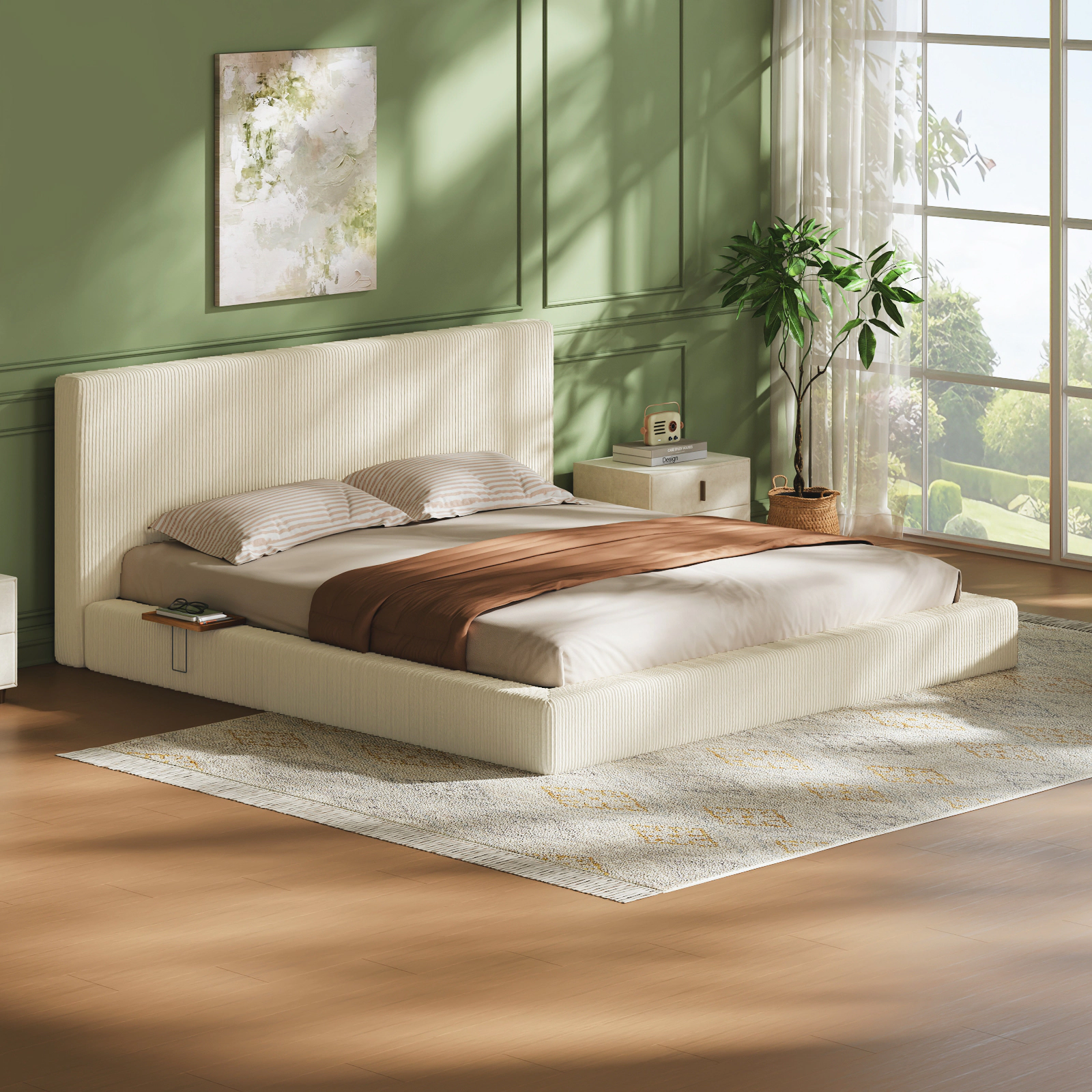 Flynama King Bed Frame with Sliding Side Table, 8.7" Cloud Upholstered Cushion, Cream White