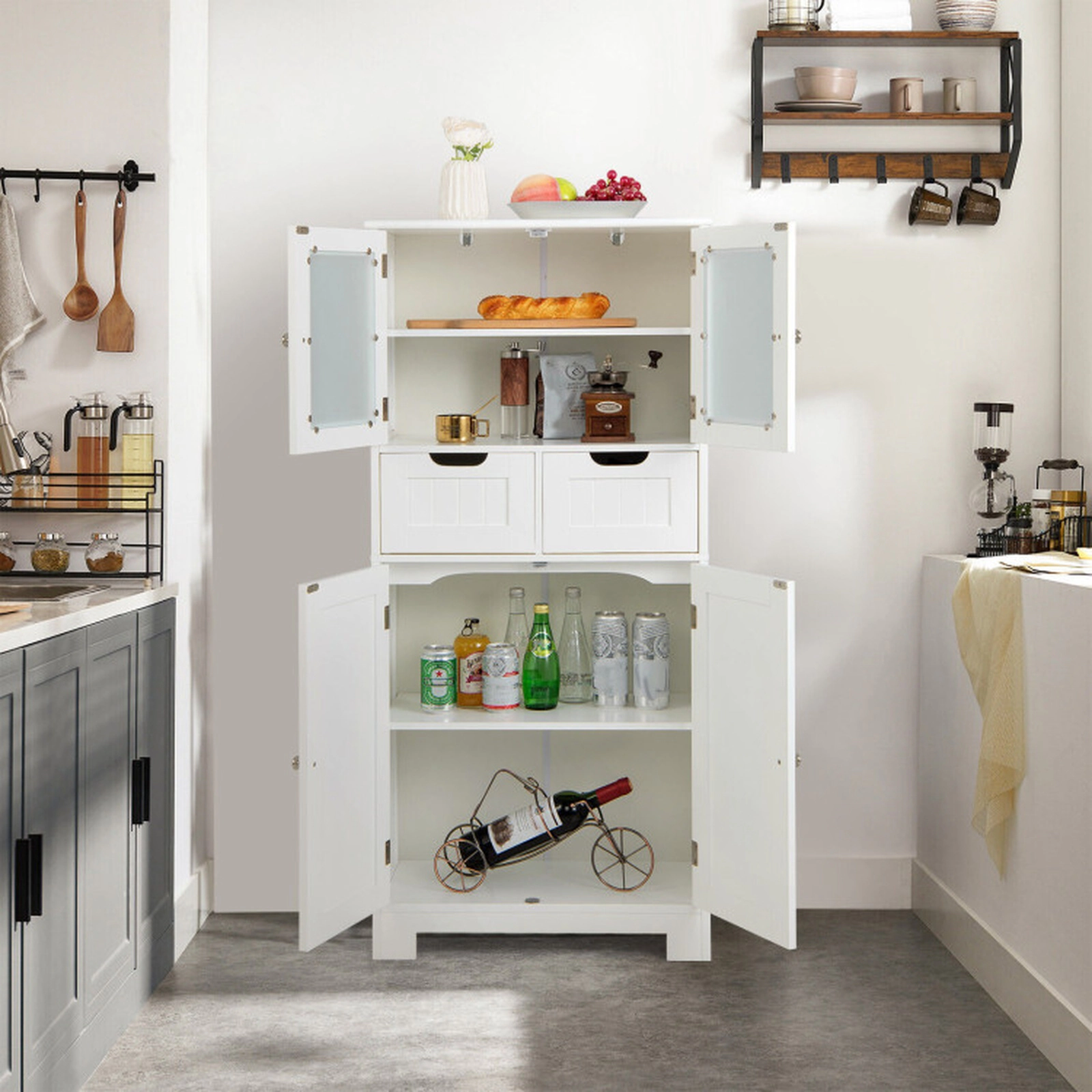 SUGIFT 3-Tier Free-Standing Bathroom Cabinet with 2 Drawers and Tempered Glass Doors 33-lb Shelf Capacity White