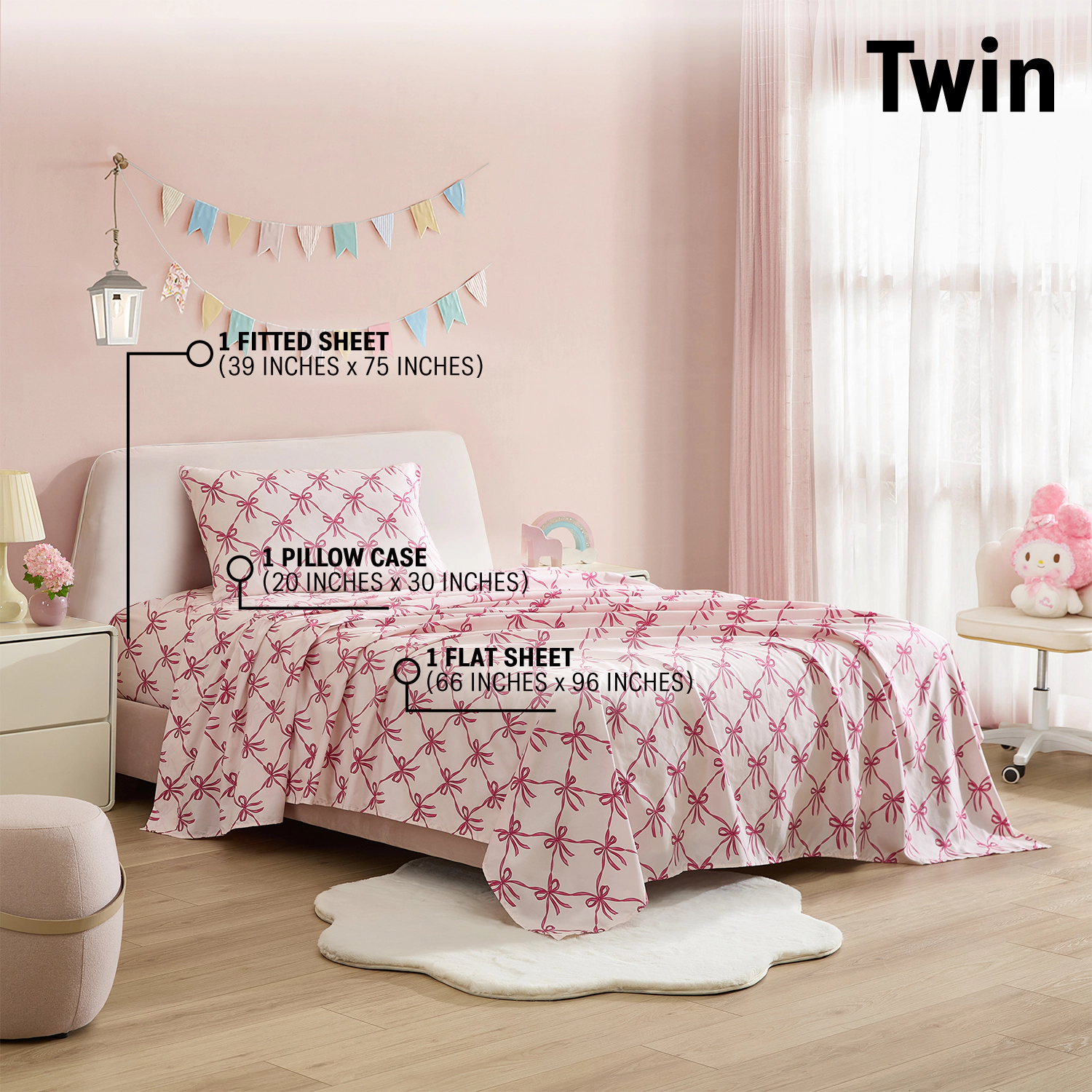 HLC.ME Bows Girls Bed Sheets Set Printed Patterned - Wrinkle Resistant & Ultra Soft - Fits Mattresses up to 15 in Deep