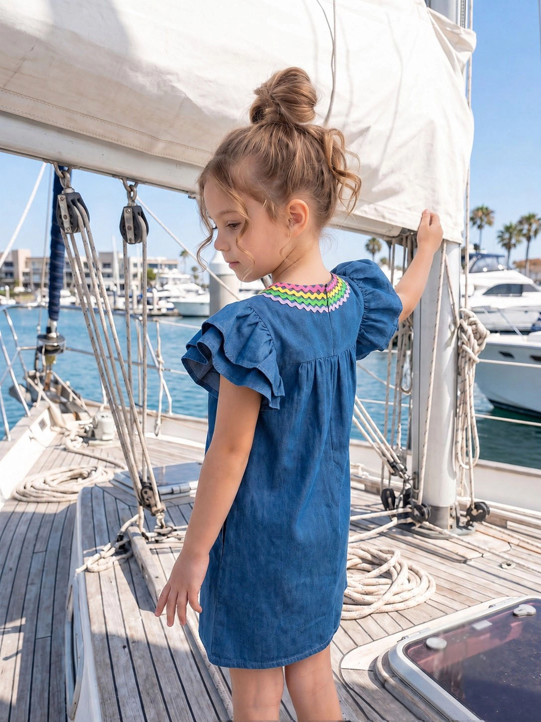2Bunnies Girls 4T-8Y Rainbow Ric Rac Denim Flutter Sleeve Dress