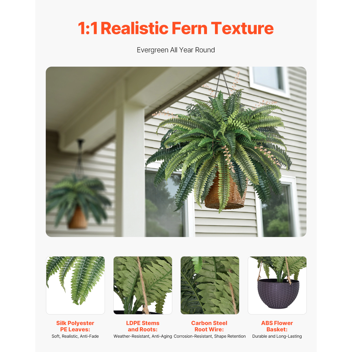 HONGGE Artificial Ferns, Natural Spread Diameter, Large Hanging Boston Ferns, Fake Plant Wall Decor with Branches