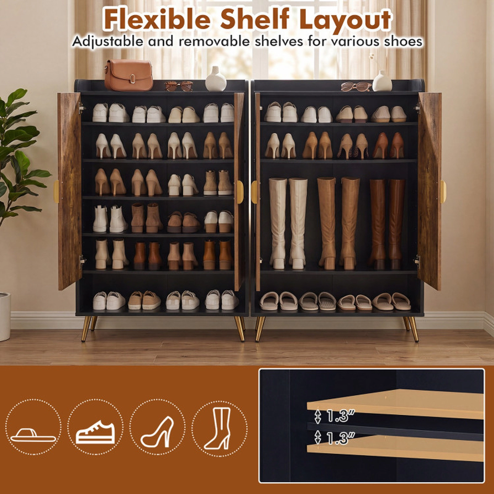 SUGIFT Rustic Brown 7-Tier Doors Adjustable Shelves 44 Inch Tall Shoe Storage Cabinet