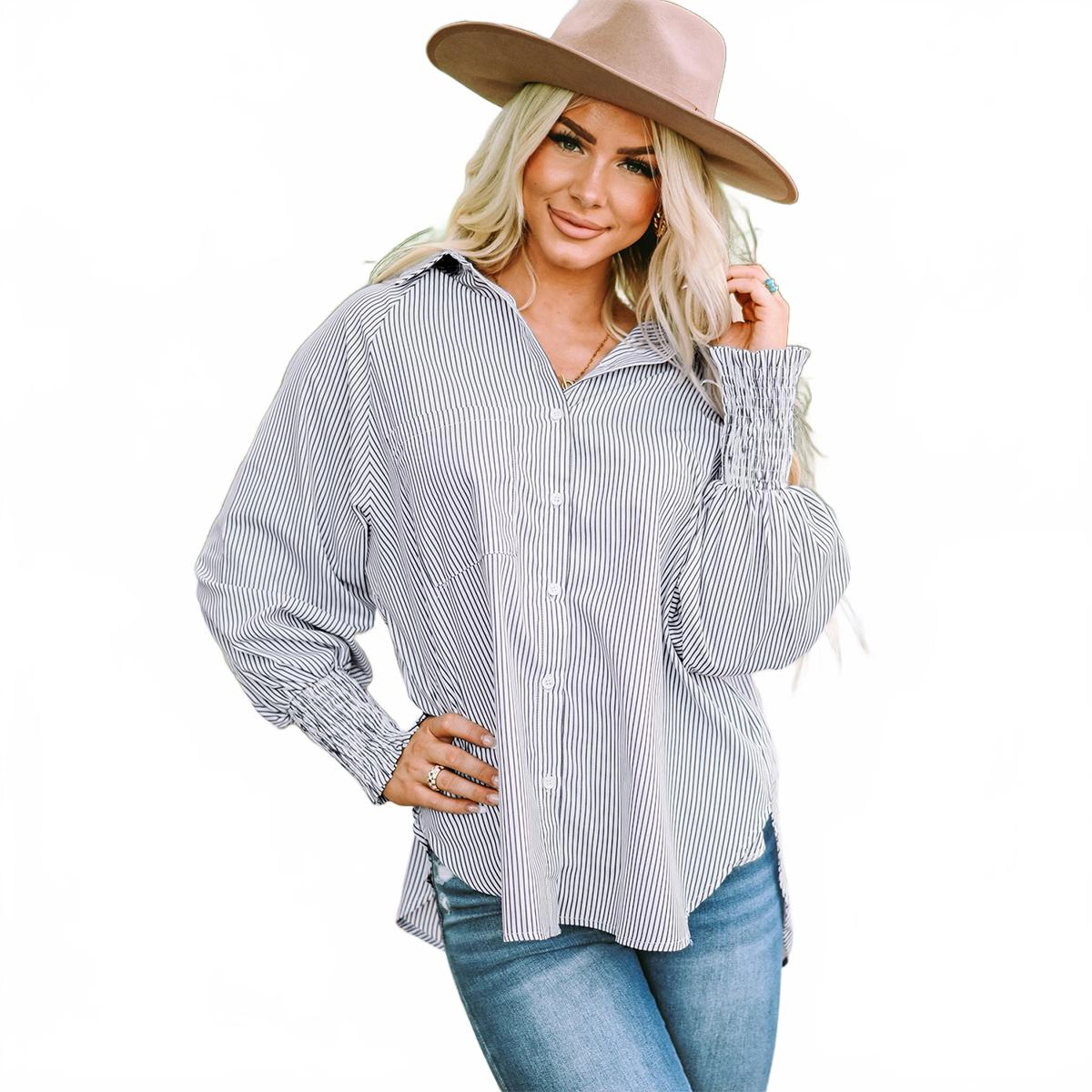 Sol Living Womens Smocked Cuffed Striped Boyfriend Shirt with Pocket