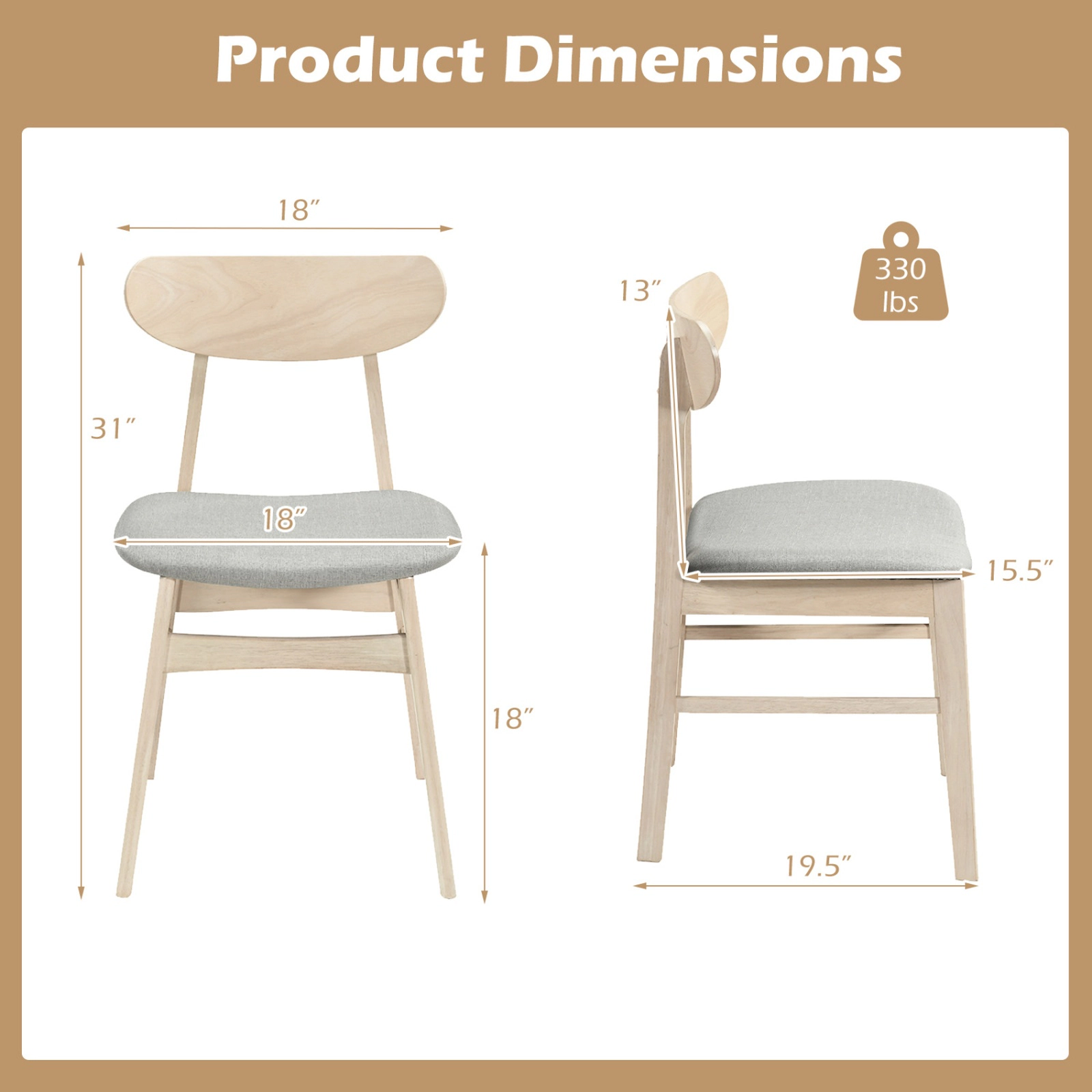 SUGIFT Set of 2 Natural Upholstered Armless Dining Chairs with Ergonomic Curved Seat and Backrest
