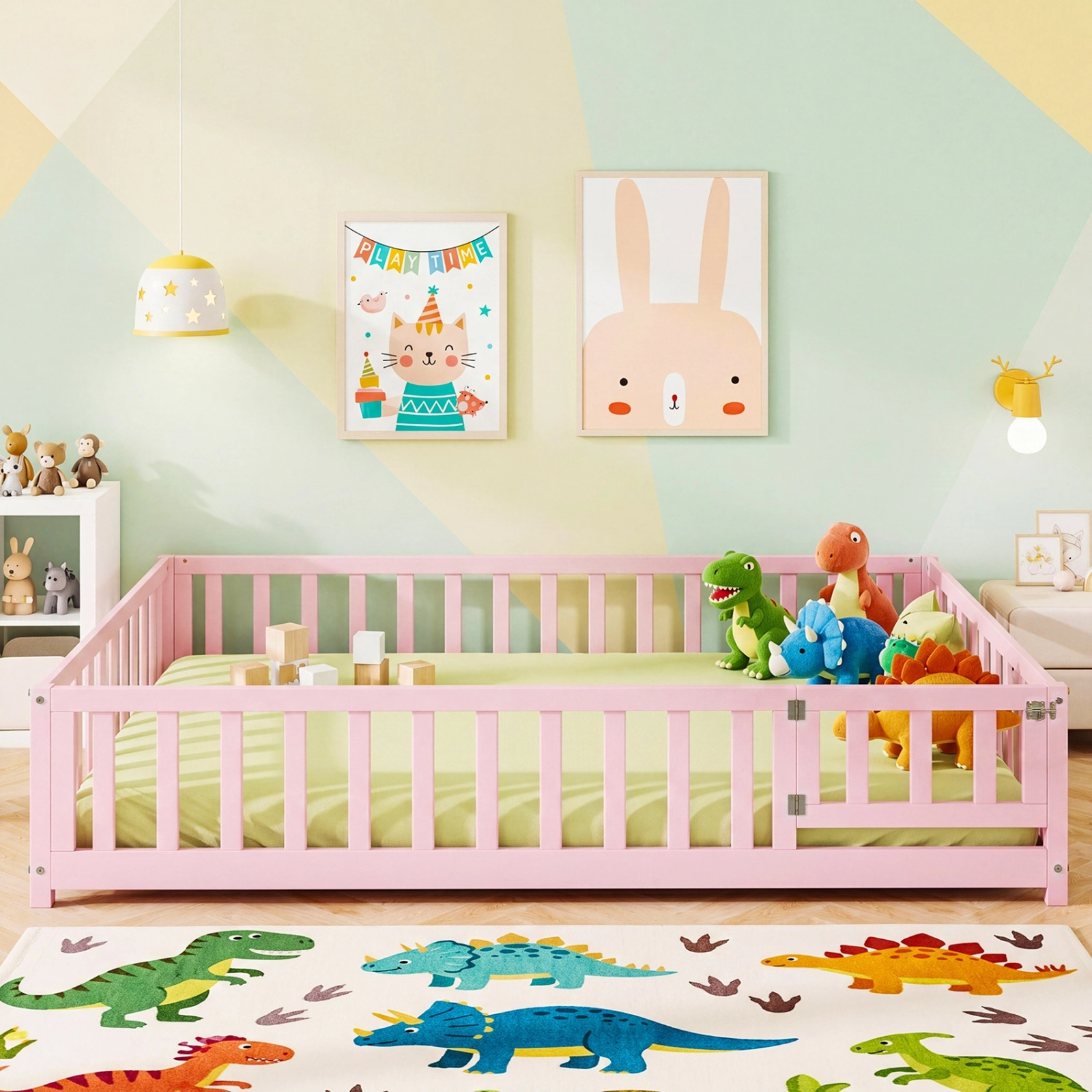 SUGIFT Full Montessori Floor Bed, Full-Length Rails, Latching Door, Pink Pine Frame