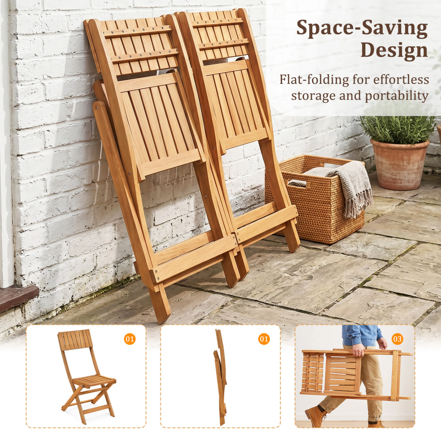 LJG 2 Pack Folding Chairs Sturdy Wood Dining Chairs with Slatted Backrest and Seat