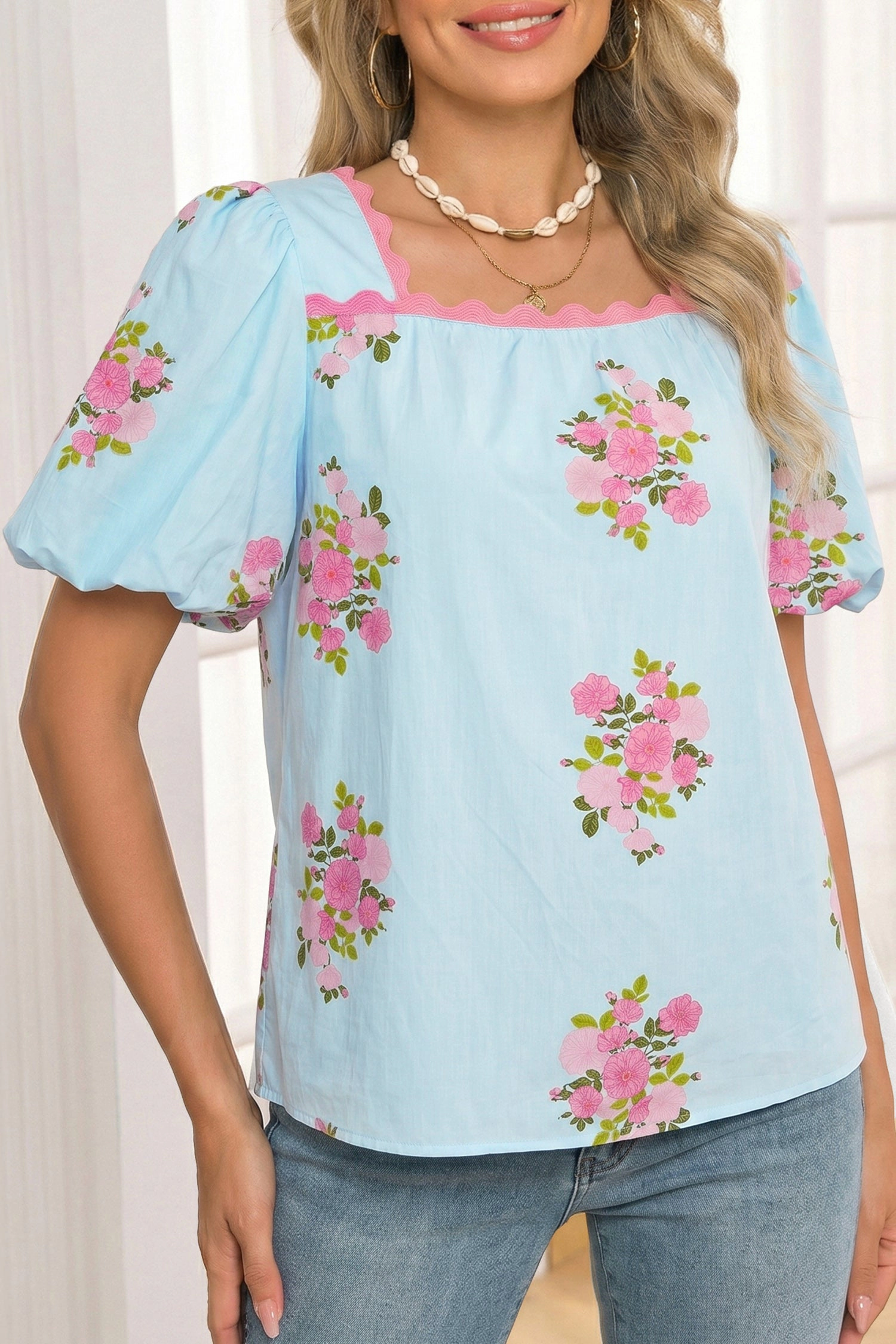 Threaded Pear Women's Dalia Detail Bubble Sleeve Blouse