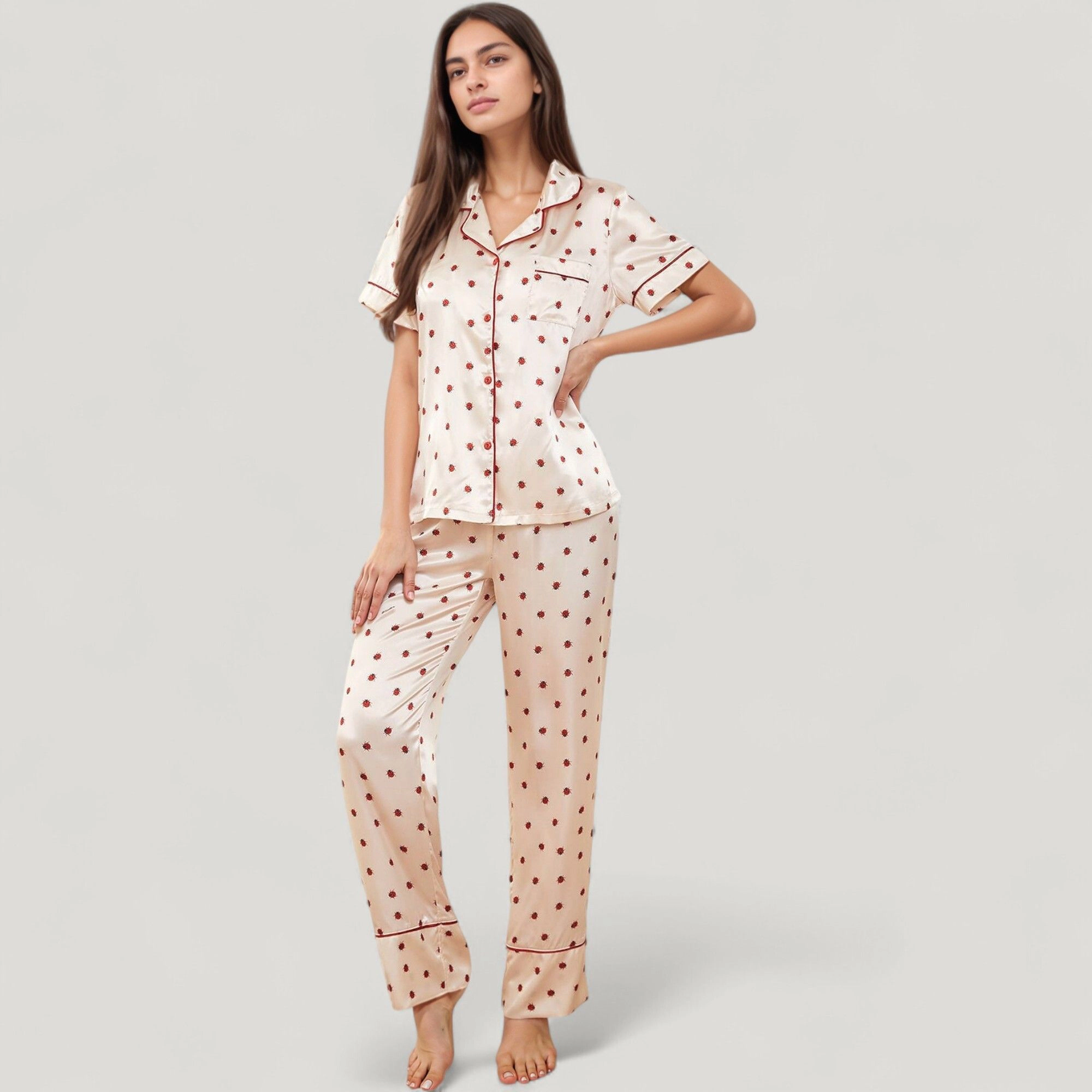 Anna-Kaci Women's Satin Pajama Set with Short Sleeve Notch Collar Button Up Top and Polka Dot Wide Leg Pants