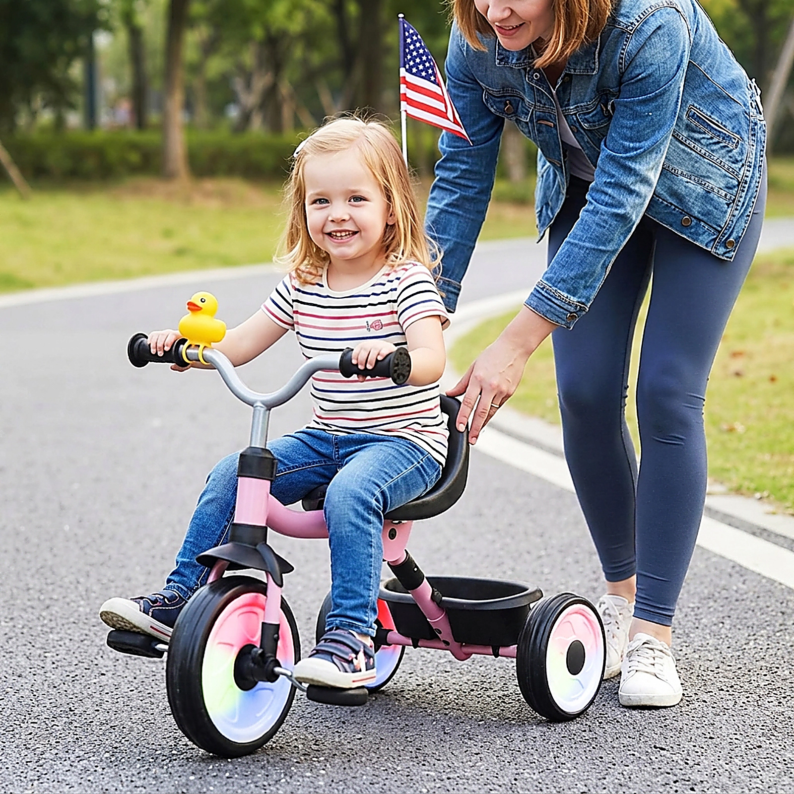 SUGIFT LED Glowing Wheels 3-Position Seat and Storage Basket Toddler Tricycle