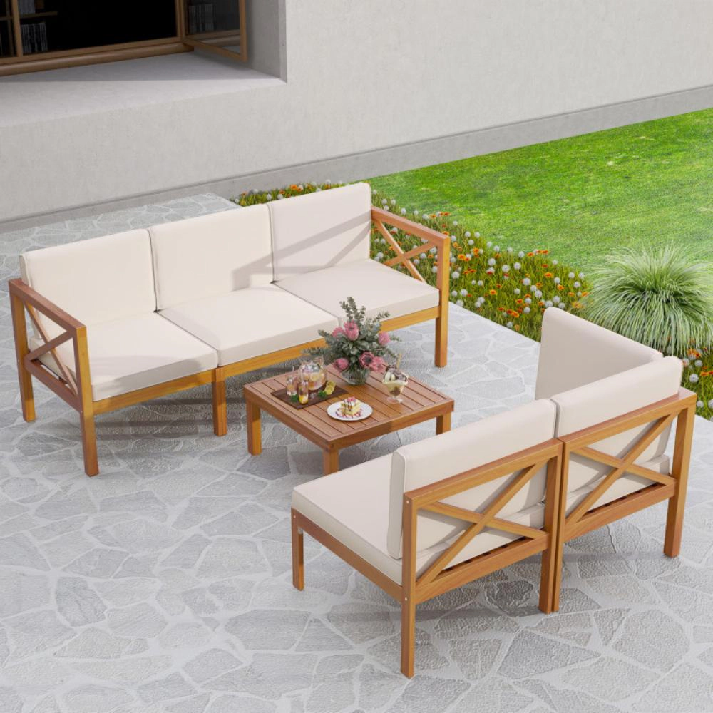Hivvago Outdoor 6 Pieces Acacia Wood Patio Sectional Furniture Set-Off White
