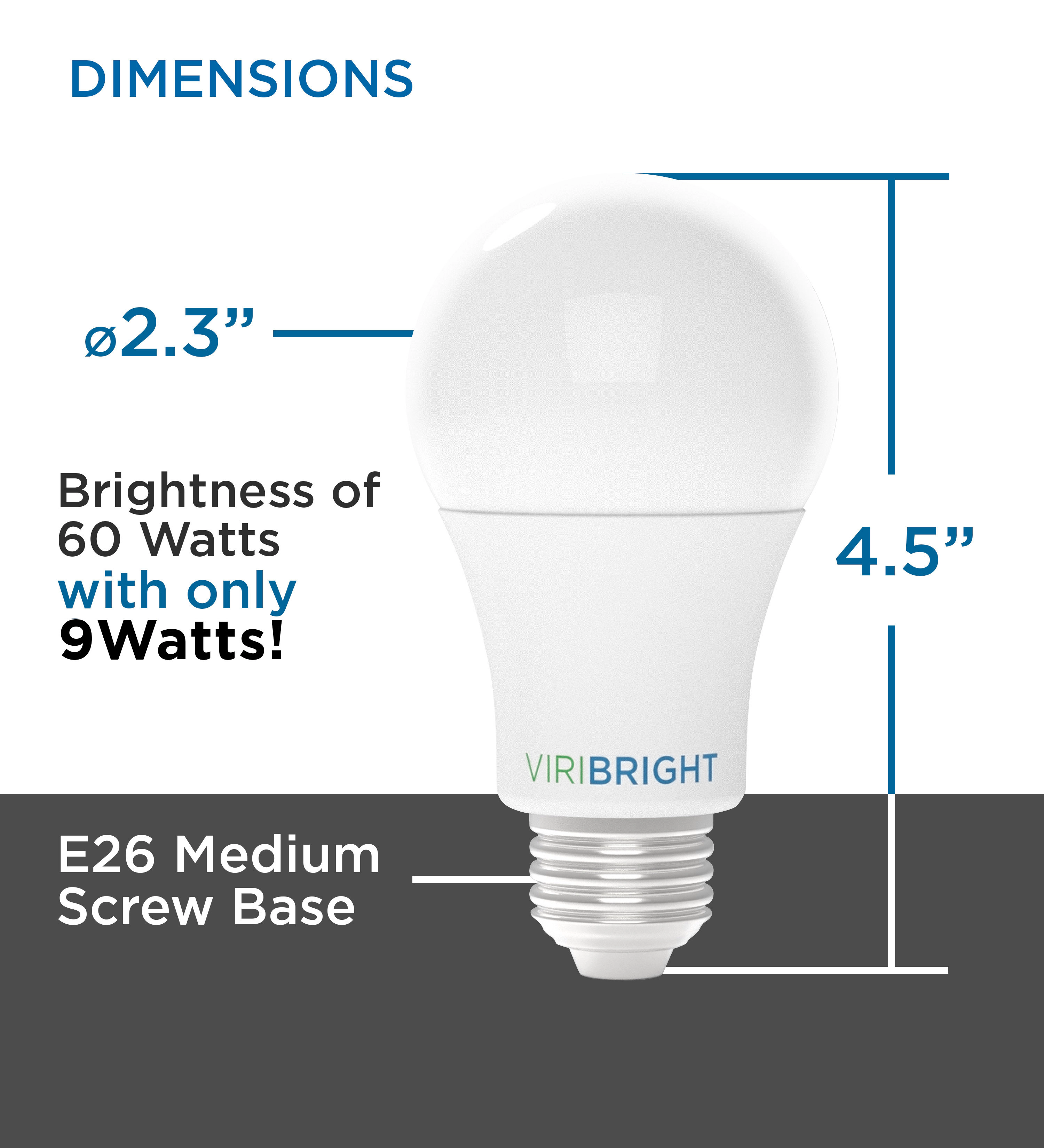 Viribright® A19 LED Bulb, E26, Screw Base, 60W, Dimmable, 810 Lumens, CEC, 90+ CRI, Cool White 4000K (4 Pack)