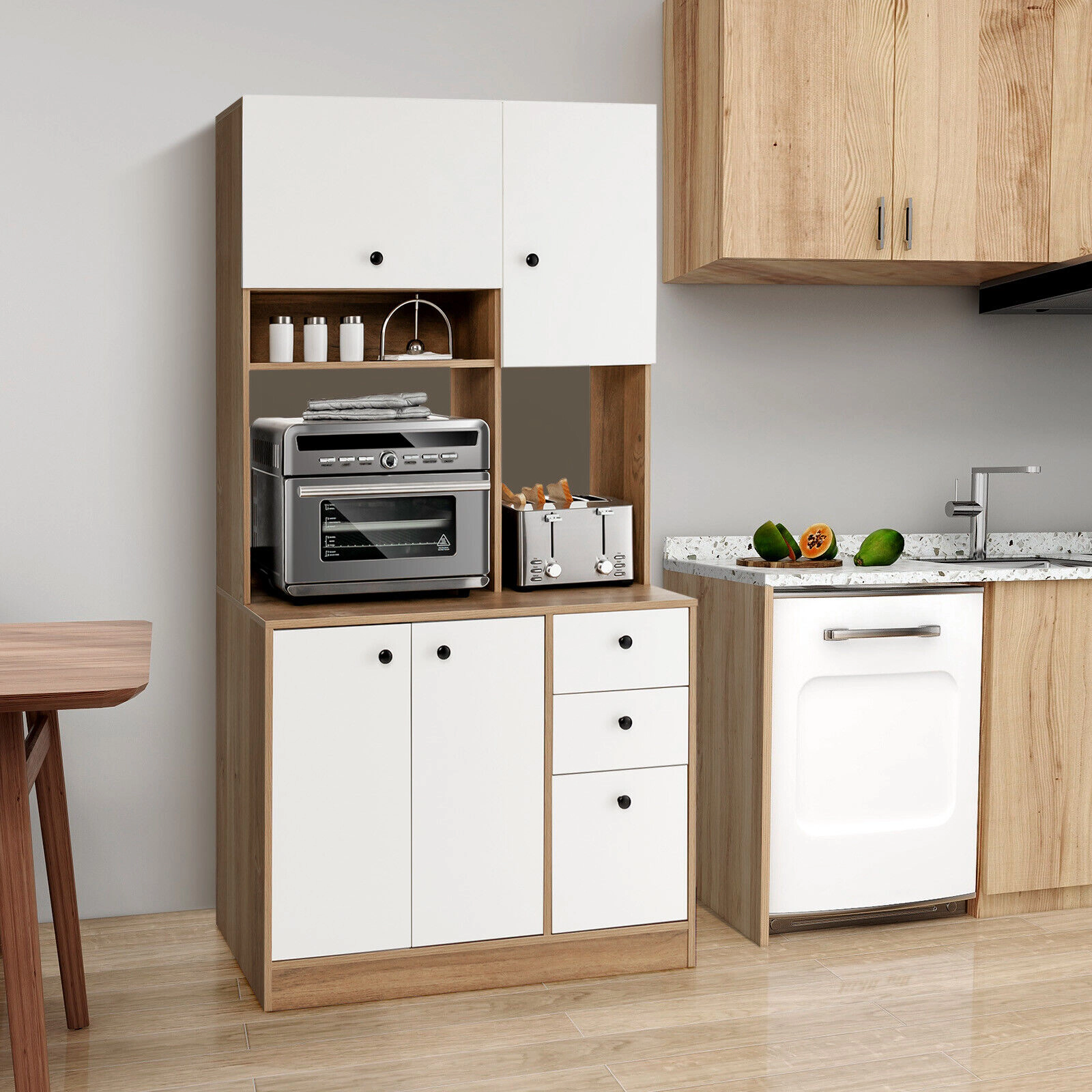SUGIFT 71-in Tall 110-lb Countertop White Pantry Cabinet with 3 Storage Cabinets and 3 Deep Drawers
