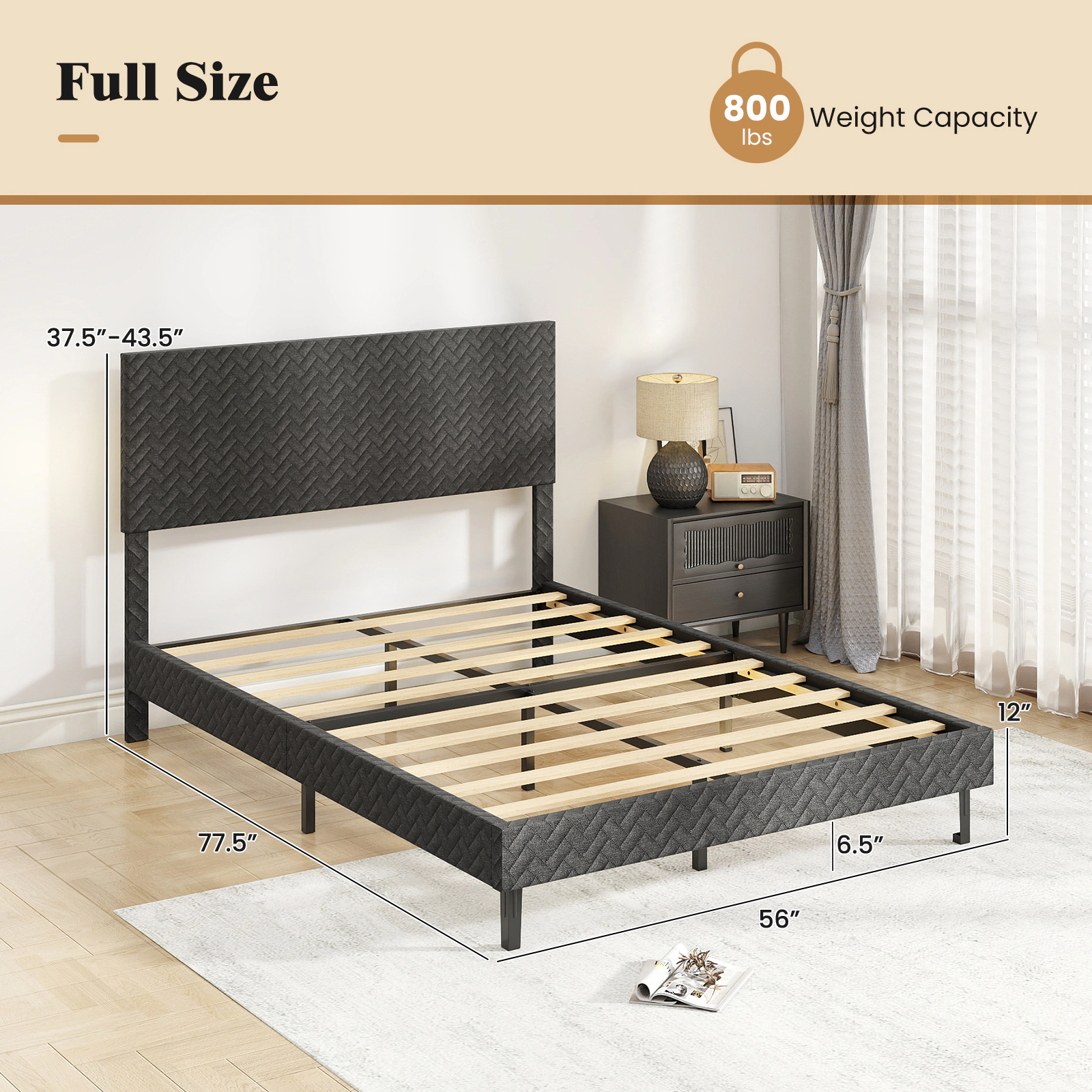 Full Size Velvet Upholstered Platform Bed Frame with Height Adjustable Chevron Headboard 10 Wood Slats Gray