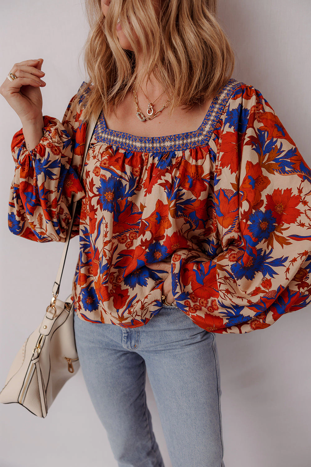 Threaded Pear Women's Adeline Floral Print Square Neck Backless Loose Fit Blouse
