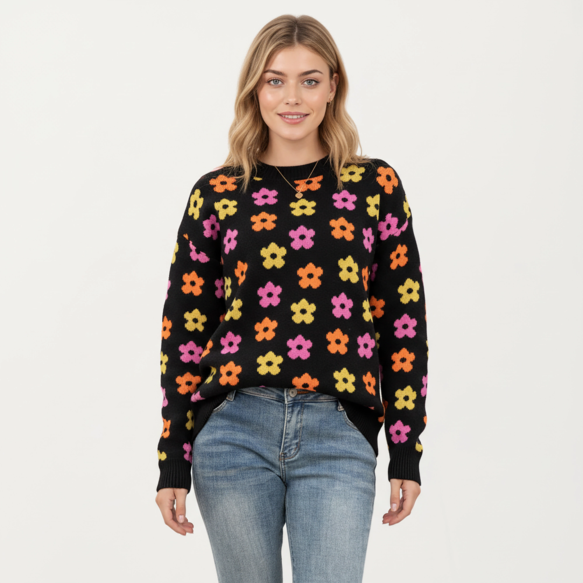 Anna-Kaci Women's Flower Pattern Knit Sweater with Long Sleeves, Soft Textured Feel and Comfortable Relaxed Everyday Fit