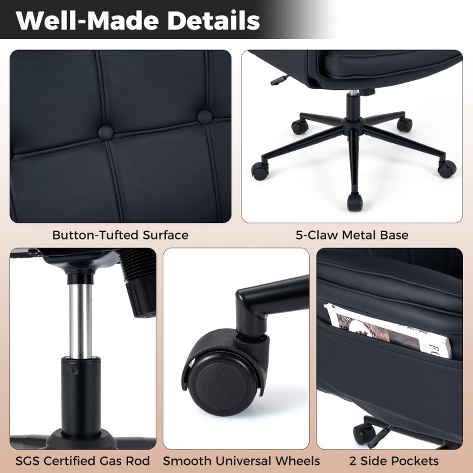 SUGIFT 5-Position Armrests Removable Cushion Criss Cross Swivel Office Chair 32.5-in x 29.5-in 330-lb Capacity Black